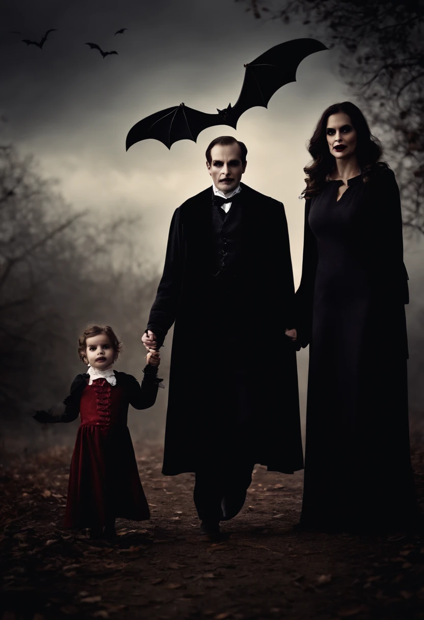 vampire family of three celebrating Halloween. A large bat flies above them. There's a ghost behind them