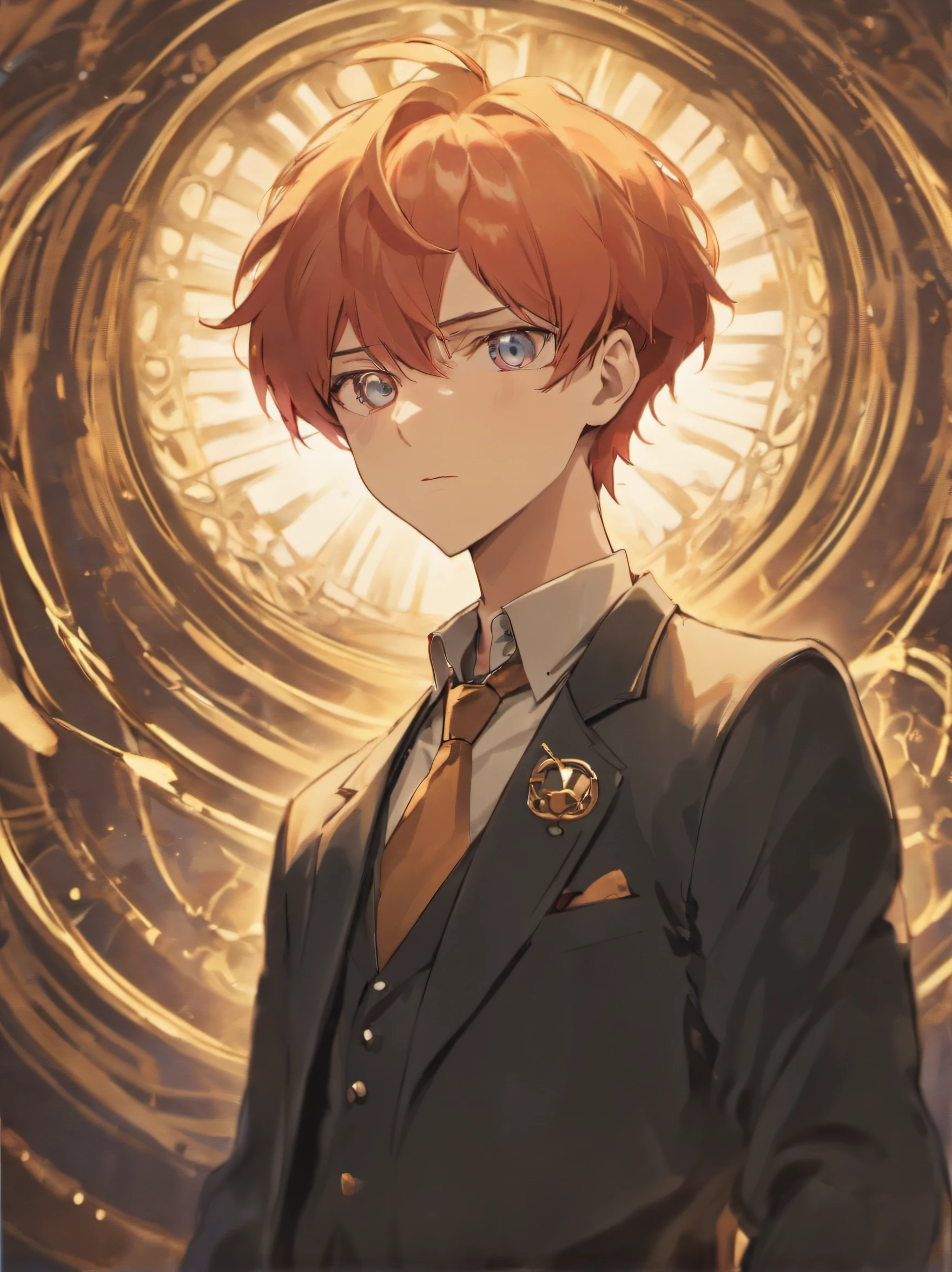 boy looking with one eye through a monocle, looking at viewer