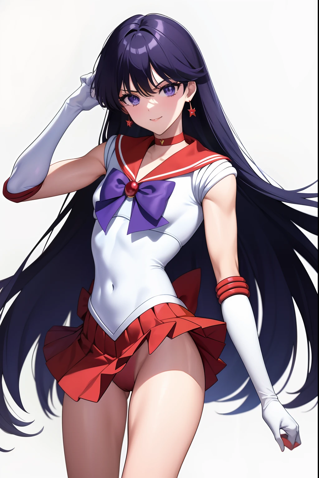 Sailor Mars、Anime Boy、Cool anime boys、gender change、gender change(Girls to boys)、Sailor Senshi Uniform、Rei Hino、solo、Red sailor collar、Blue bow tie、autumn_leaves、skirt、Boy with very long black hair、rating:safe、Flames around him、a red skirt、Magical Boy、a red choker、White leotard、highleg leotard、robe blanche, maple_leaf, traditional_media、autumn、leaf、fire、marker_(medium)、neck、burning、upper_body、elbowgloves、makeup、jewelry、circlet、looking_at_viewer、white glove、eyeslashes、lips、smile、flame、a miniskirt、pleatedskirt、collarbone、Bare shoulders、bangs、Muscular men、耳Nipple Ring、Boy with Purple Eyes、Boy with Black Eyes、multicolored_background、covered_navel、1990's\(styles\)