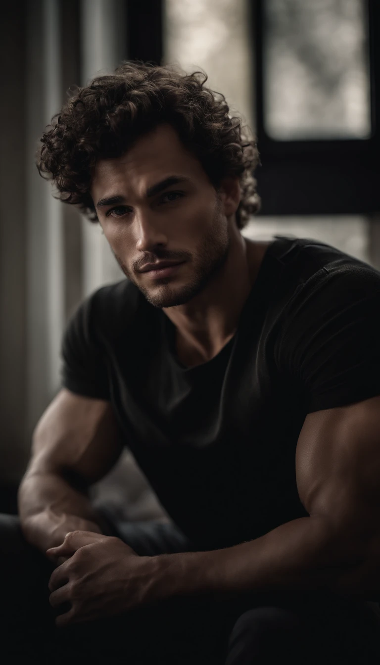 portrait of a handsome male, short curly hair, thick lips, muscular body, defined muscles, upper body shot, ultra highest detailed face, dramatic lighting, grey sweatpants, house setting