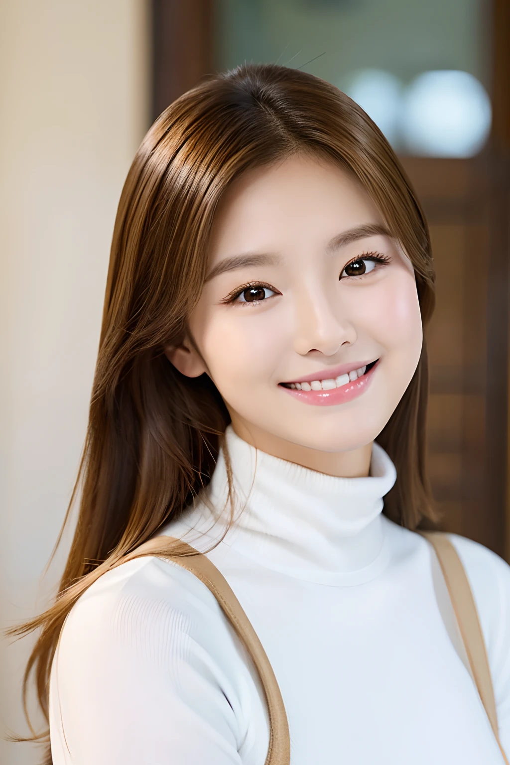 Brown-haired Korean beauty with brown eyes.
One smiling and looking at us.
She is wearing a white turtlenec韓流