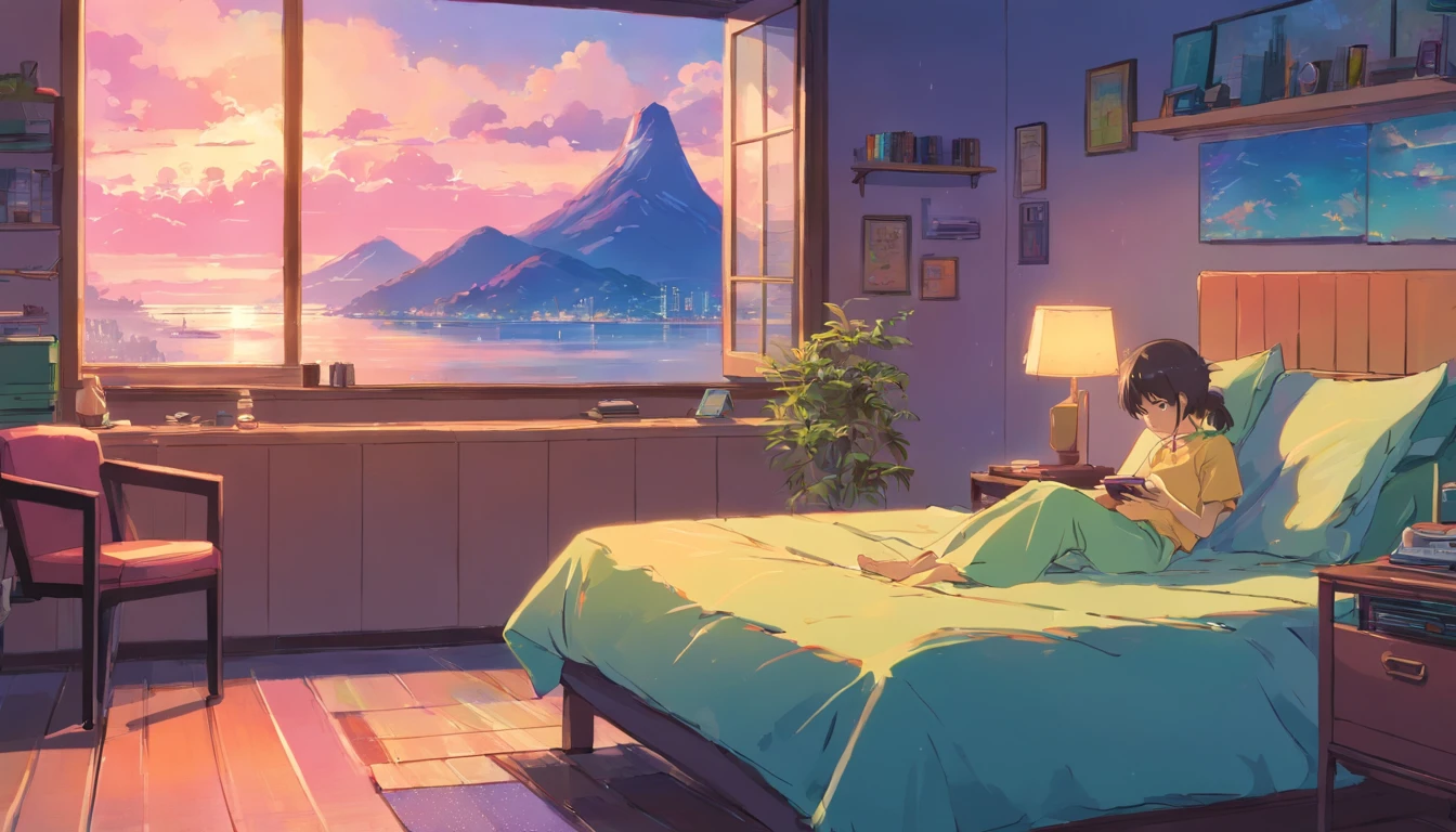 (zero),  estudando em seu quarto, namorado deitado na cama, Ler um livro, Use fones de ouvido, , luzes noturnas, Neon landscape on a rainy day,analog color theme, Lo-Fi Hip Hop , retrospectiva, plano, 2.5D ,Desenhar uma linha, desenho a tinta digital, Great slope, pintura em aquarela, Goosch Cores, Estilo Studio Ghibli, Amazing color, Tonelada Exterior, Synthwave, Arte Lofi,Estilo anos 90,textura antiga, amplitude,Vibe dos anos 90, masutepiece, Tecnologia tremenda, 16:Escala 9