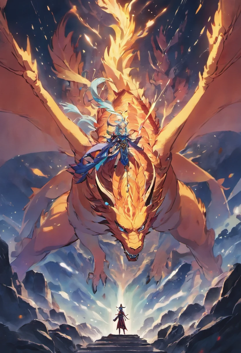Chinese mythology,Above the mountain,A huge dragon,in dark style,Huge dams,Huge body contrast