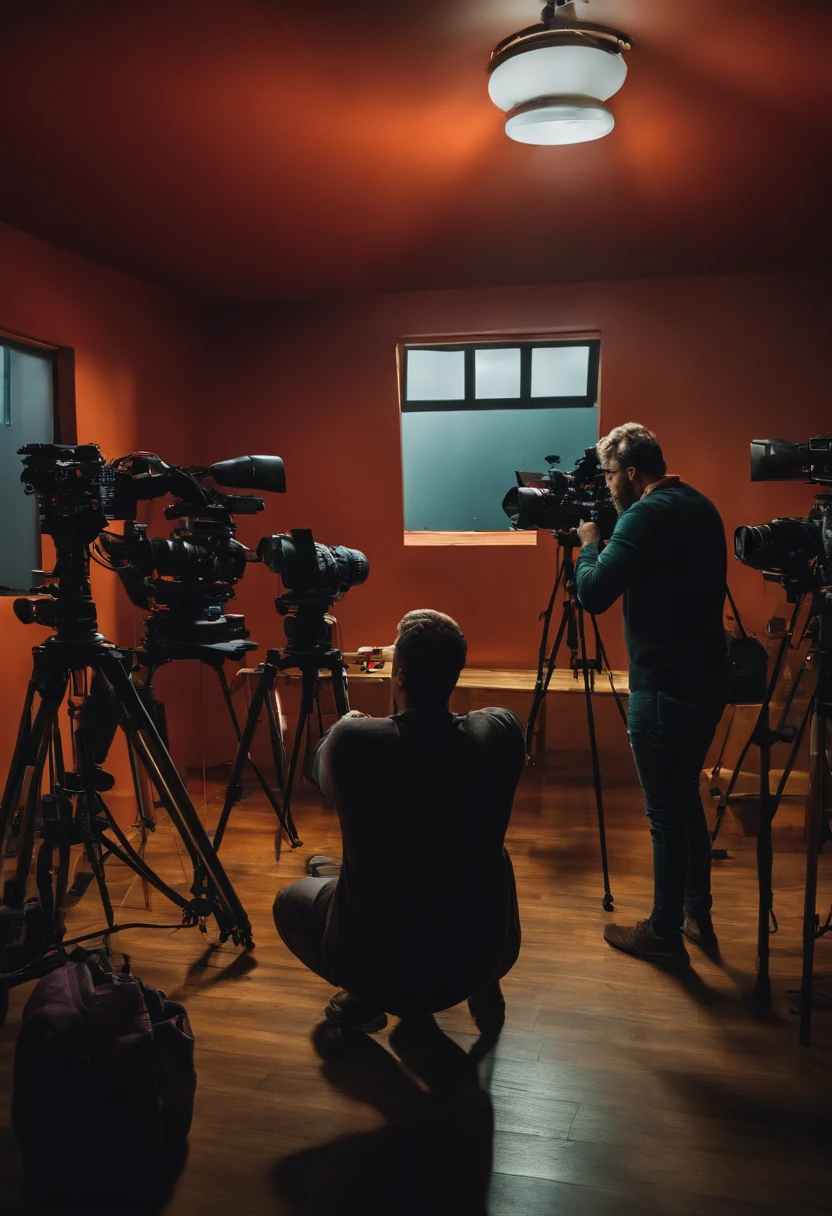 Create a scene from a play director, fazendo o ensaio com seu grupo de atores e cameras filmando, imgem cinematografica
