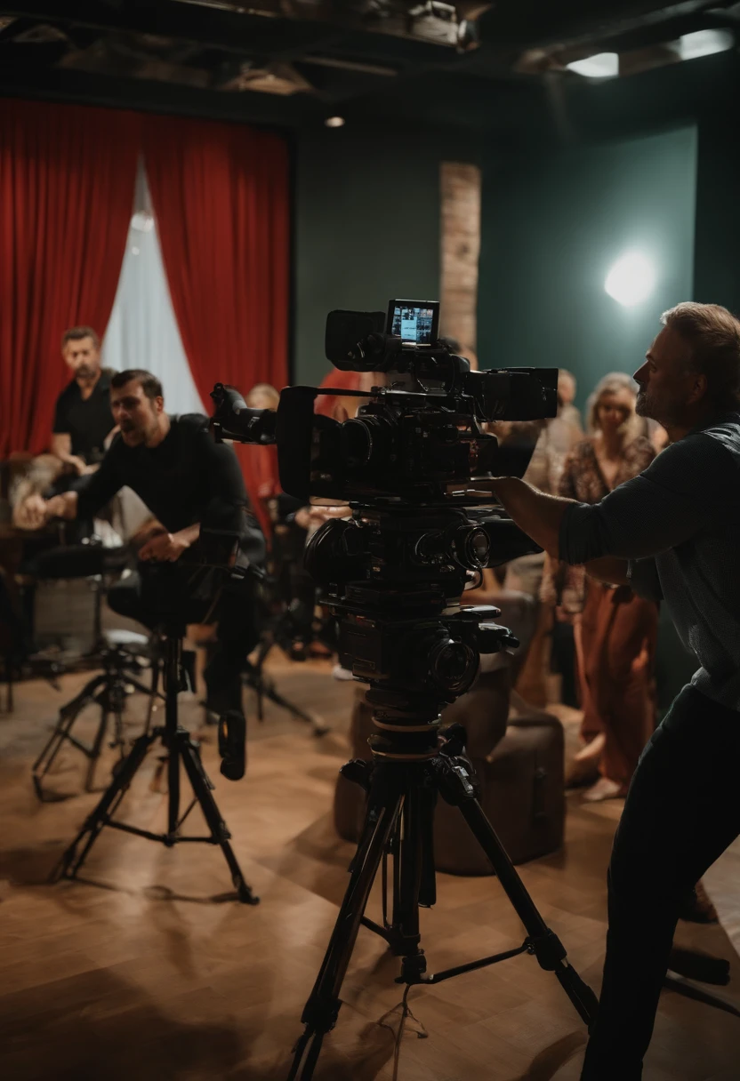 Create a scene from a play director, fazendo o ensaio com seu grupo de atores e cameras filmando, imgem cinematografica