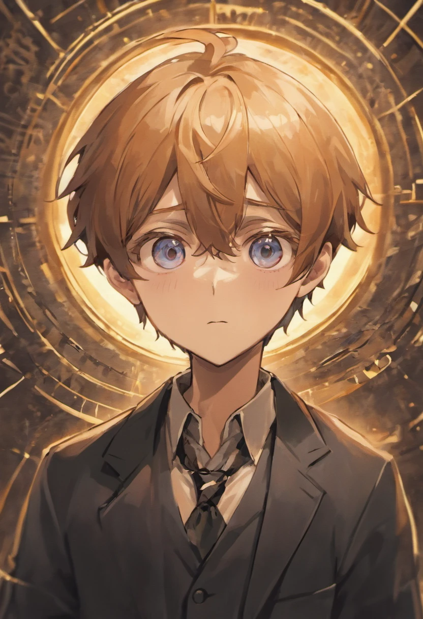 boy looking with one eye through a monocle, looking at viewer