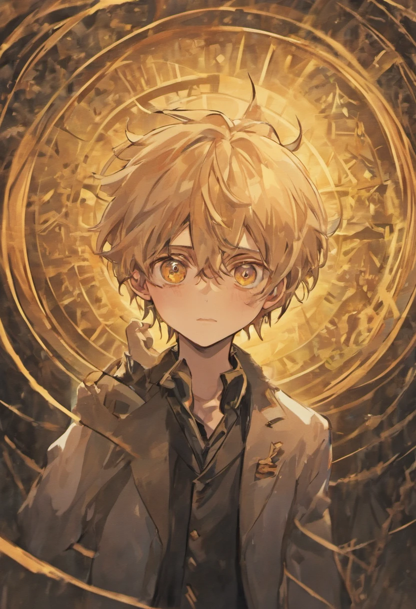 boy looking with one eye through a monocle, looking at viewer