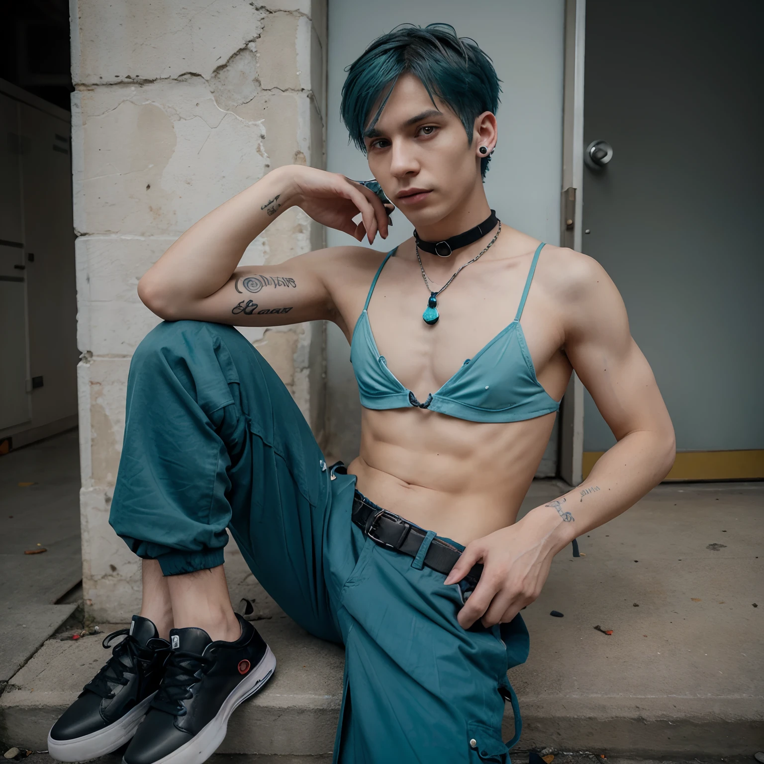 Piotr is a feminine man with dark grayish blue and slighty desaturated teal hair in a jellyfish style haircut. He has very empty, soft orange eyes with red eyeliner on the bottom lid. His tongue is pierced and his face is scuffed up. His ears are littered with piercings.
He wears a belt collar with a butterfly necklace hanging below and there's a faint mark wrapped around his neck. He wears a spaghetti strap top with one strap drooping and baggy cargo pants with sneakers. His nails are painted black and he carries cigarettes in his pockets.