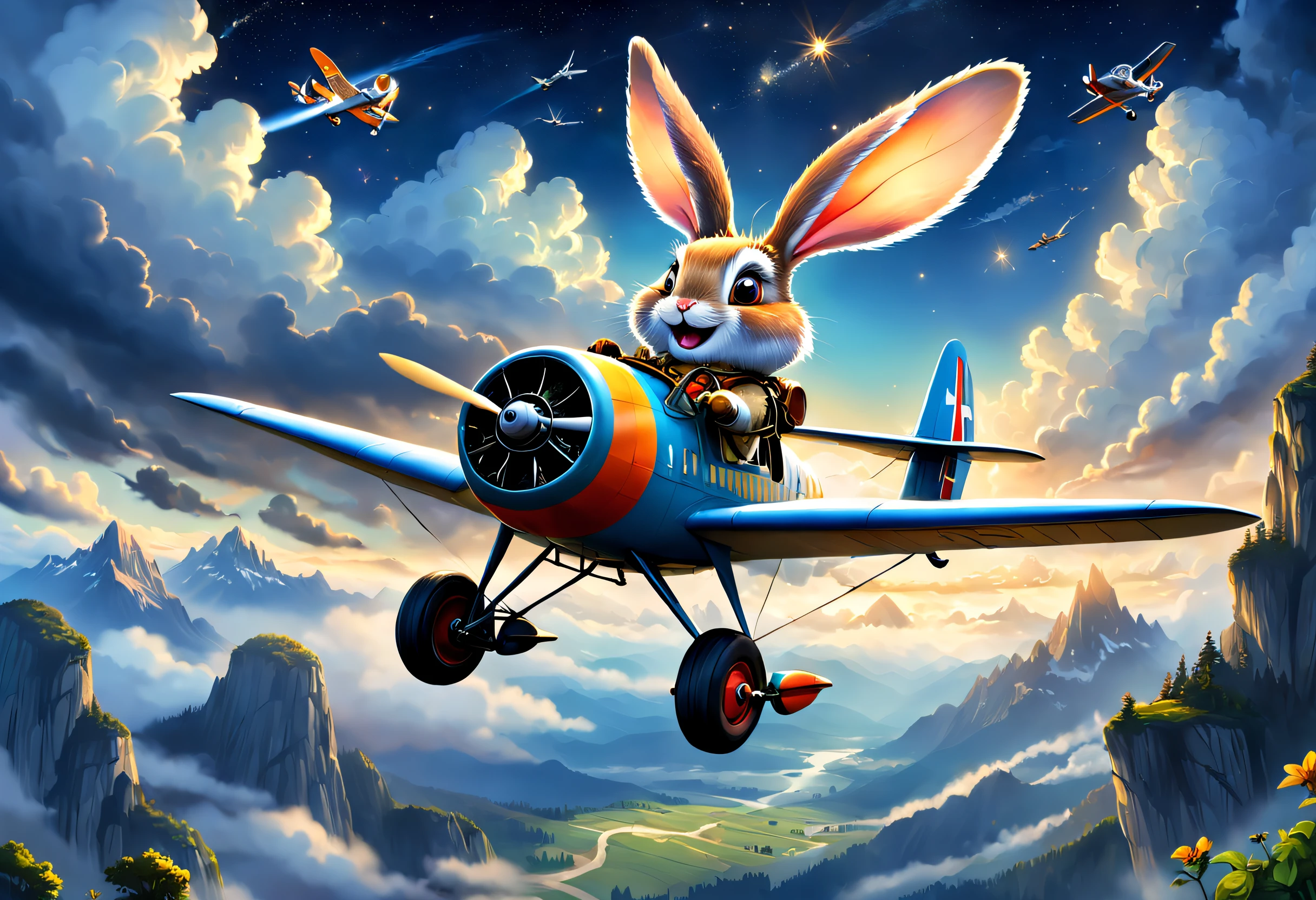 A rabbit pilots an old plane,(Planes,Planes) designs,Clever mechanics,Flying vehicles,Driving skills,Mysterious clouds,expression of surprise, incredible views,Inaccessible,Freedom in the sky,Legend, aerodrome,Stars that light up the night sky, joystick,Propeller sounds,Fly freely,adventuring,terraced,Towering mountains,Brave rabbit,amazing sunset,Fly as much as you want,Through the clouds,adventurous spirit,Shocking scene,spreading wings,Vast starry sky,A fusion of tradition and modernity.