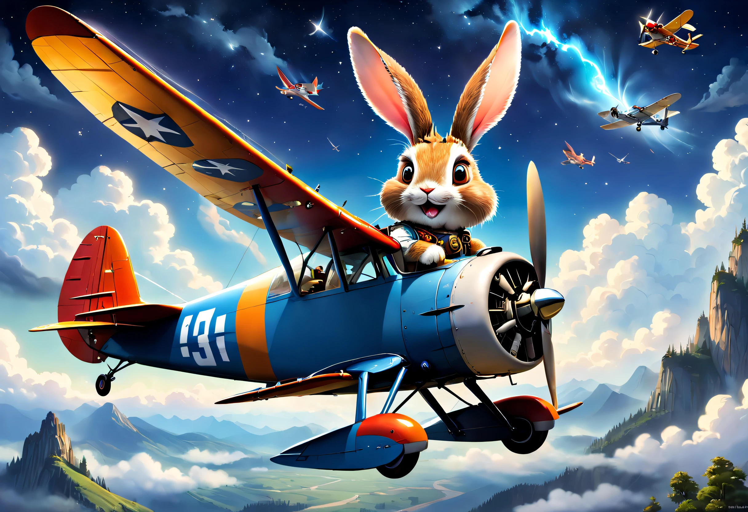 A rabbit pilots an old plane,(Planes,Planes) designs,Clever mechanics,Flying vehicles,Driving skills,Mysterious clouds,expression of surprise, incredible views,Inaccessible,Freedom in the sky,Legend, aerodrome,Stars that light up the night sky, joystick,Propeller sounds,Fly freely,adventuring,terraced,Towering mountains,Brave rabbit,amazing sunset,Fly as much as you want,Through the clouds,adventurous spirit,Shocking scene,spreading wings,Vast starry sky,A fusion of tradition and modernity.