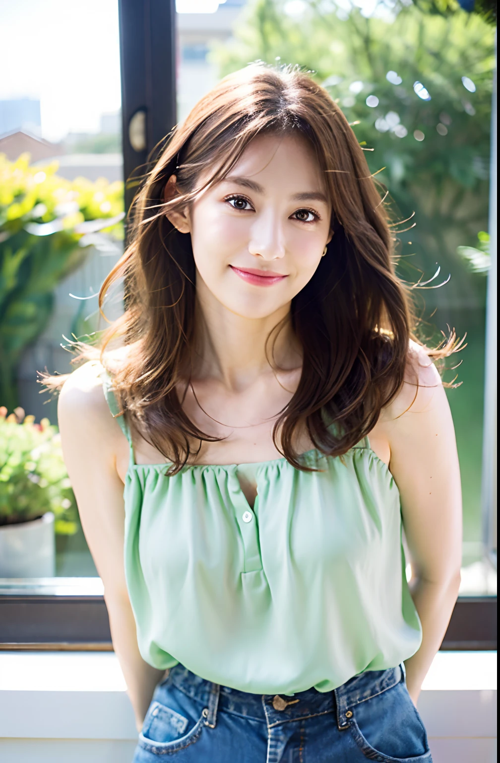 (Raw Photo), (Photorealsitic), (Masterpiece), (Best Quality), High Resolution, 8K, (Intricate Details), (Voluminous Light), Portrait, Female, (40 Years Old), Medium Straight Hair, Layered hair, brown hair, very fine eyes, source order, very fine eyebrows, very fine skin, very fine mouth, very fine nose, like an idol, happy smile, (thick lips), (looking at the viewer), (elegant vivid colorful Translucent bustier short dress), full body shot, background is a green park with a brick building, (Random body orientation),