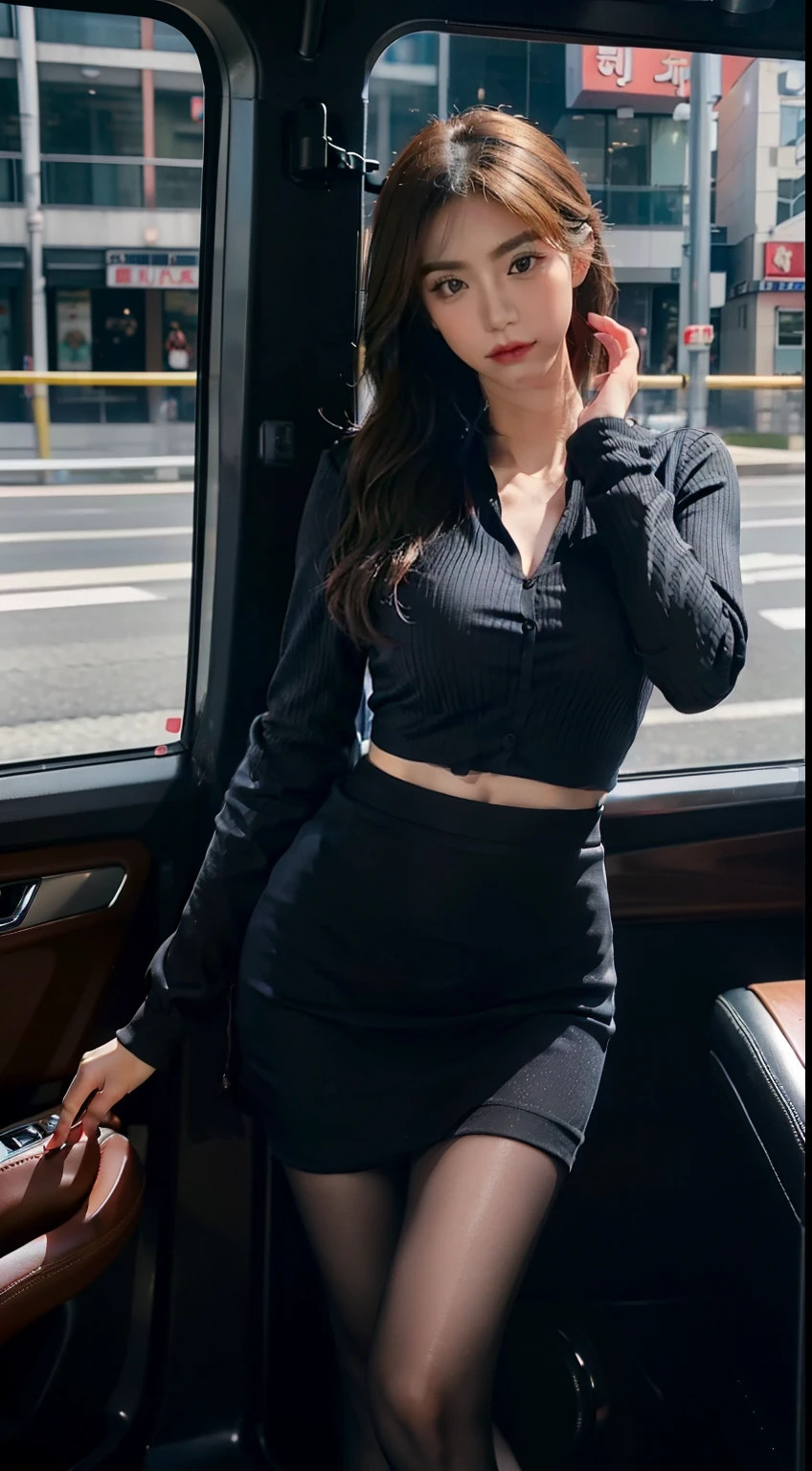 Pose in a city police car, a picture，Raised sexy, police officers, Wearing a police uniform, bobby, officer, Police, Outfit, female sheriff, korean women's fashion model，tight-fitting，Skirt that wraps hips，Tight short skirt with hips，high-heels，Pear-shaped body，Long legs，Wear different colors，Fair skin，lacepantyhose