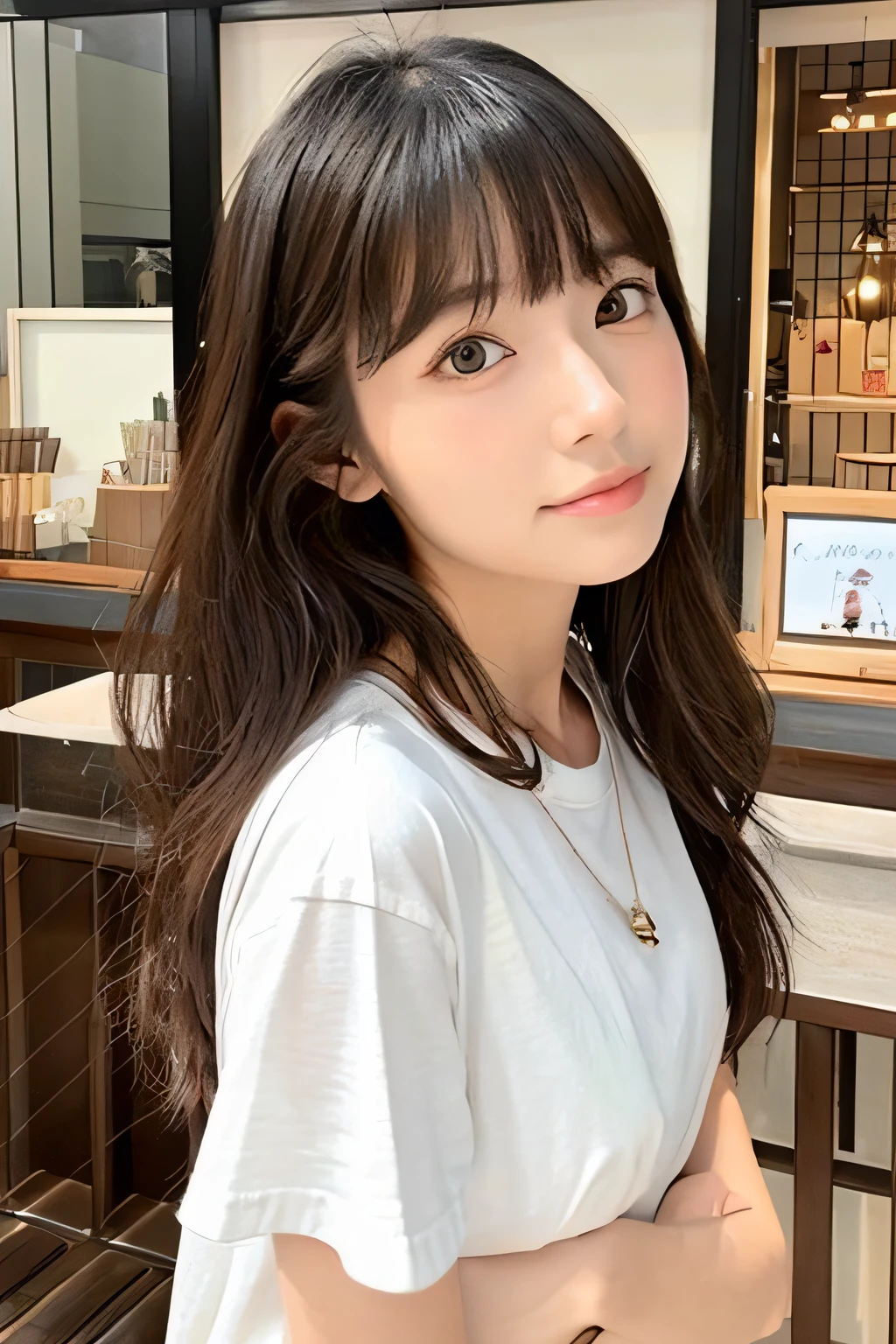 japanes、Cute、Luxury、Wearing a white T-shirt、Long hairstyle、I have bangs、Cafe in the background、Bigger eyes、The face is round、full bodyesbian、Take a picture of your feet