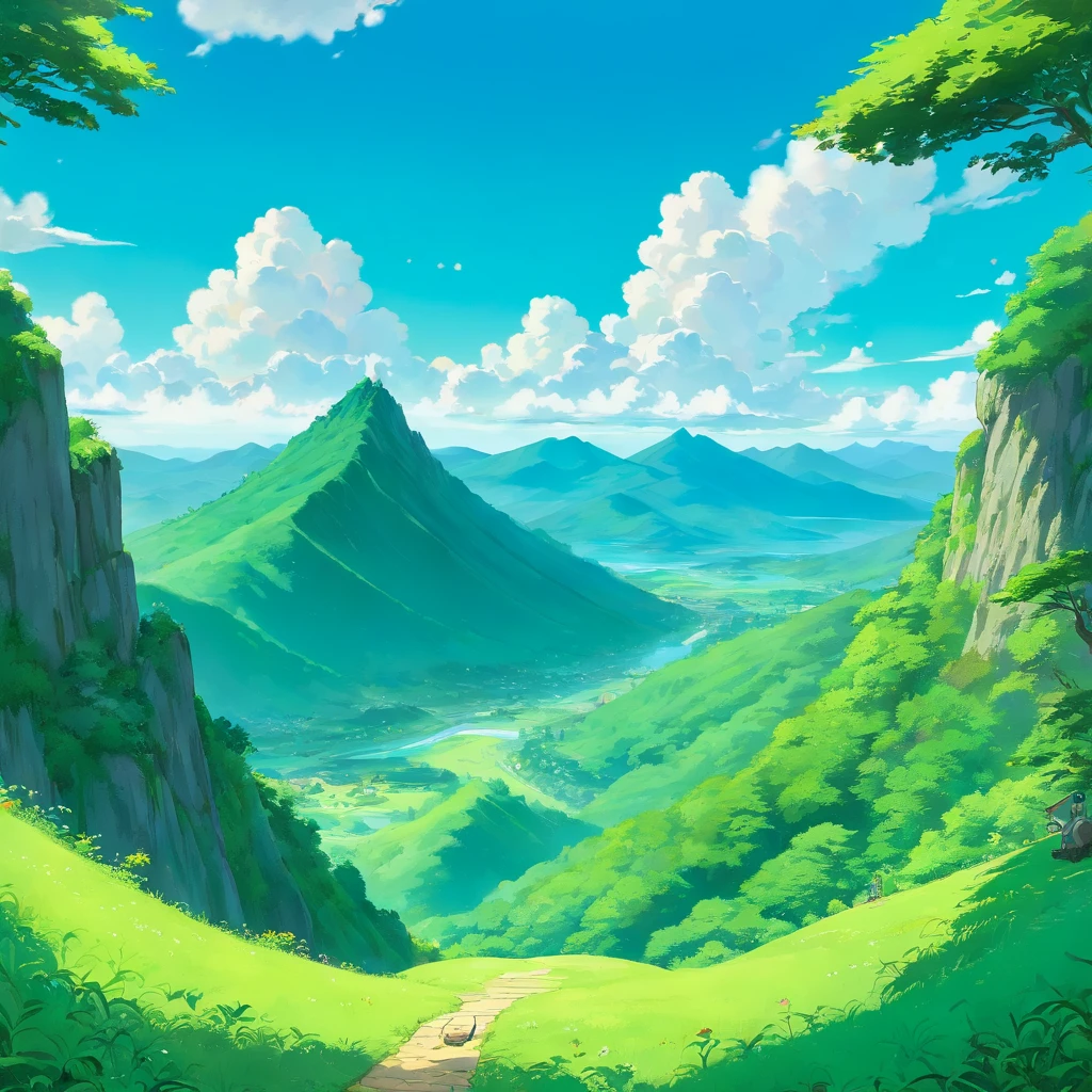 The green mountains and green waters, the white clouds are peaceful