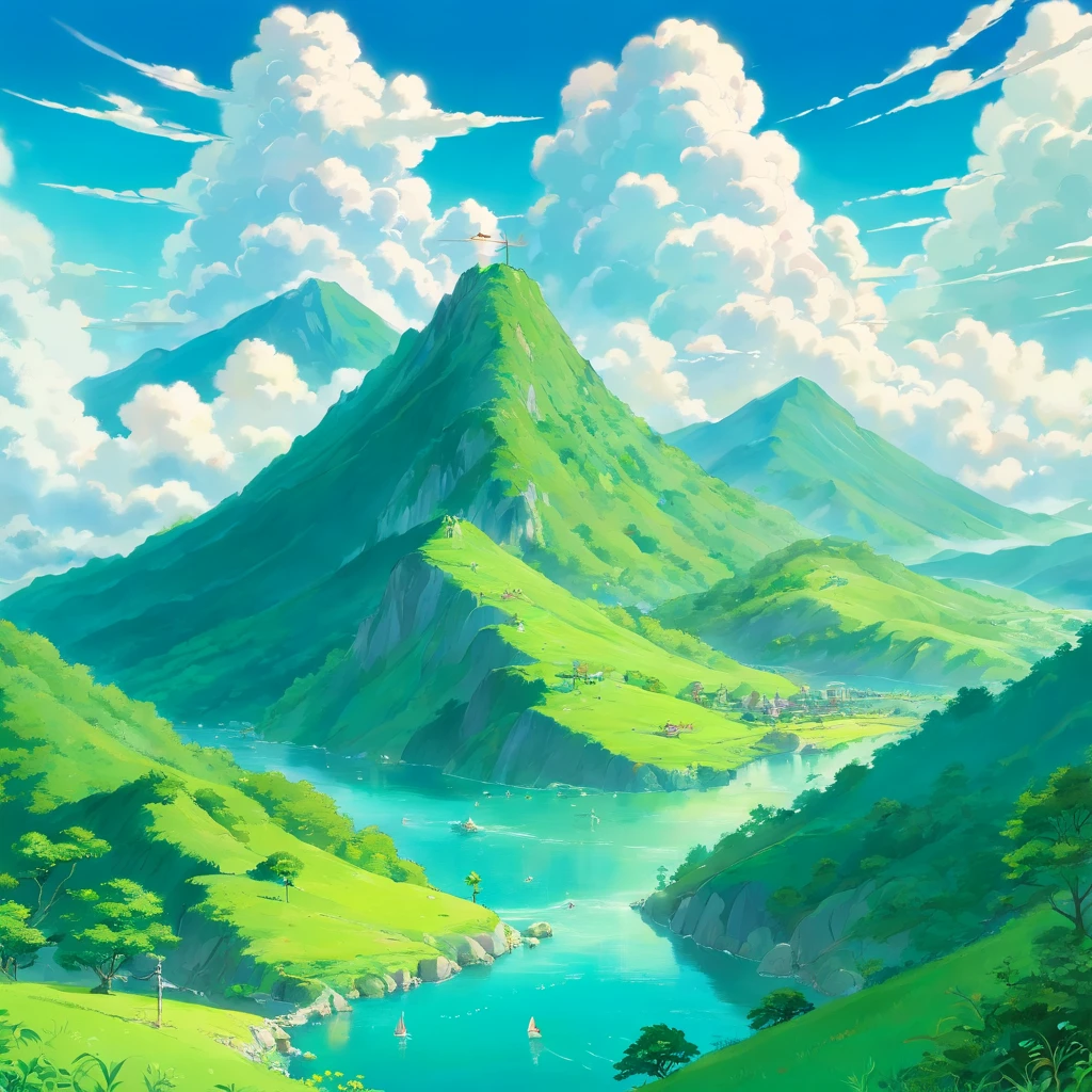 The green mountains and green waters, the white clouds are peaceful