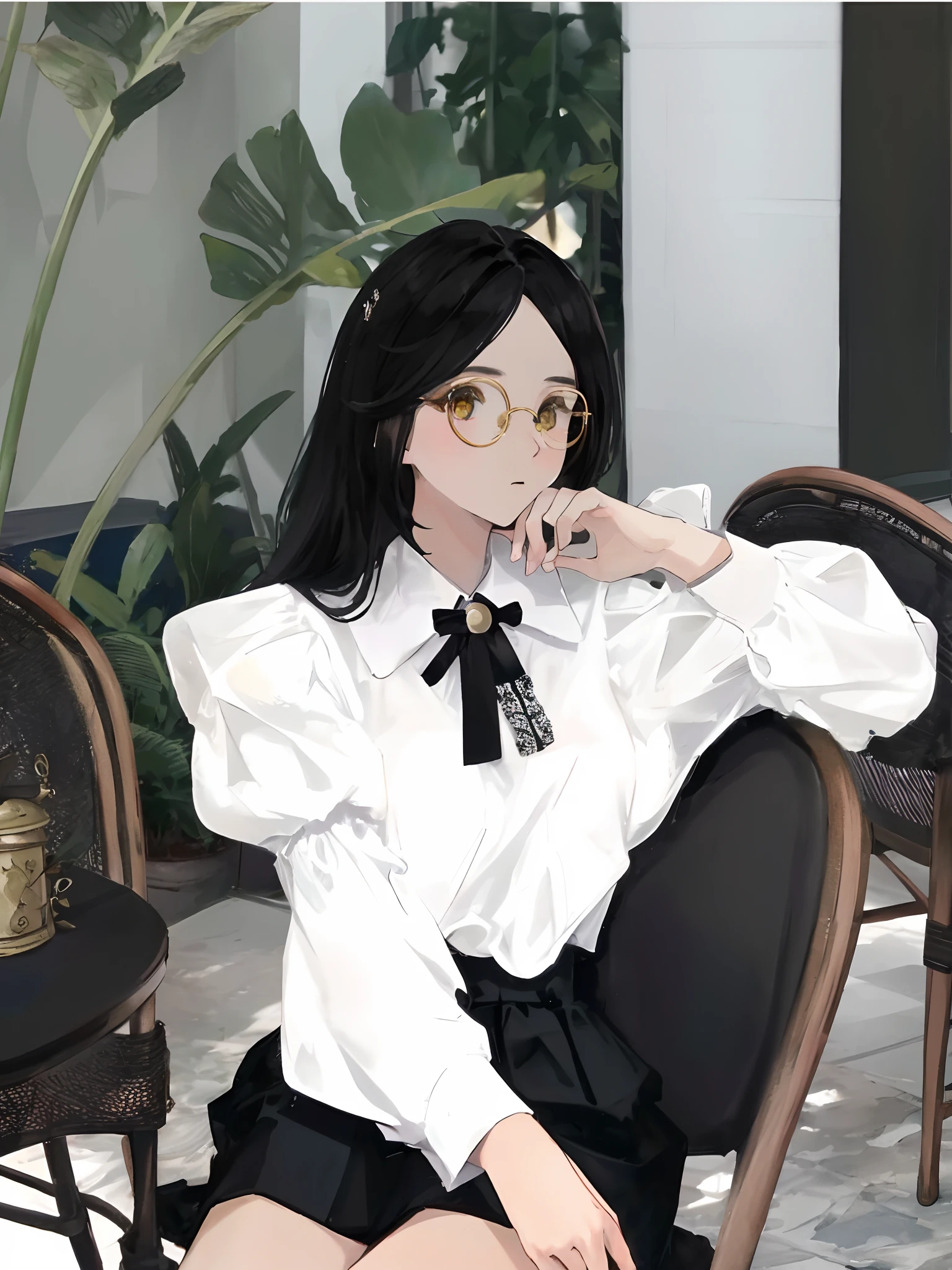 there is a woman sitting in a chair with a black tie, wearing a blouse, ( ivory black ), (wearing thin large round circle glasses:1.1), puff sleeves, ulzzang, white blouse, sakimichan, wearing a white blouse, white trendy clothes, shirt, bowknot, handsome girl, loli, cream colored blouse, profile pic, korean girl, jinyoung shin, wearing lab coat and a blouse