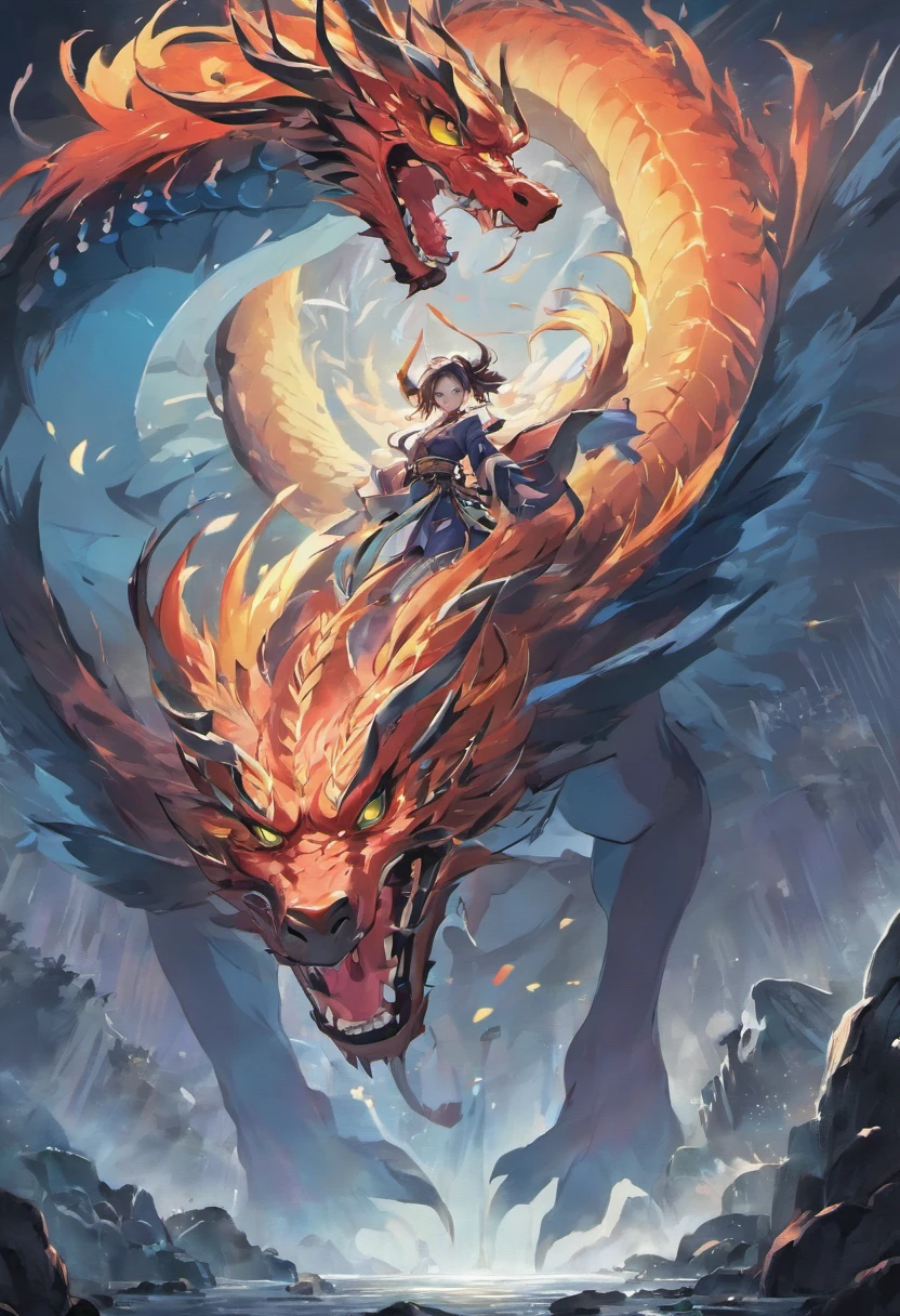 Chinese mythology,above the mountains,A huge dragon,in dark style,Huge dams,Huge body contrast