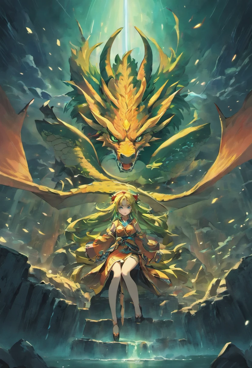 Chinese mythology，above the mountains,A huge dragon，in dark style，Huge dams，Huge body contrast