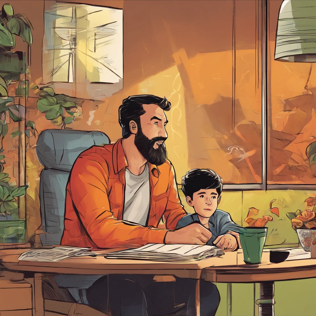 Father and son talk in front of the microphone