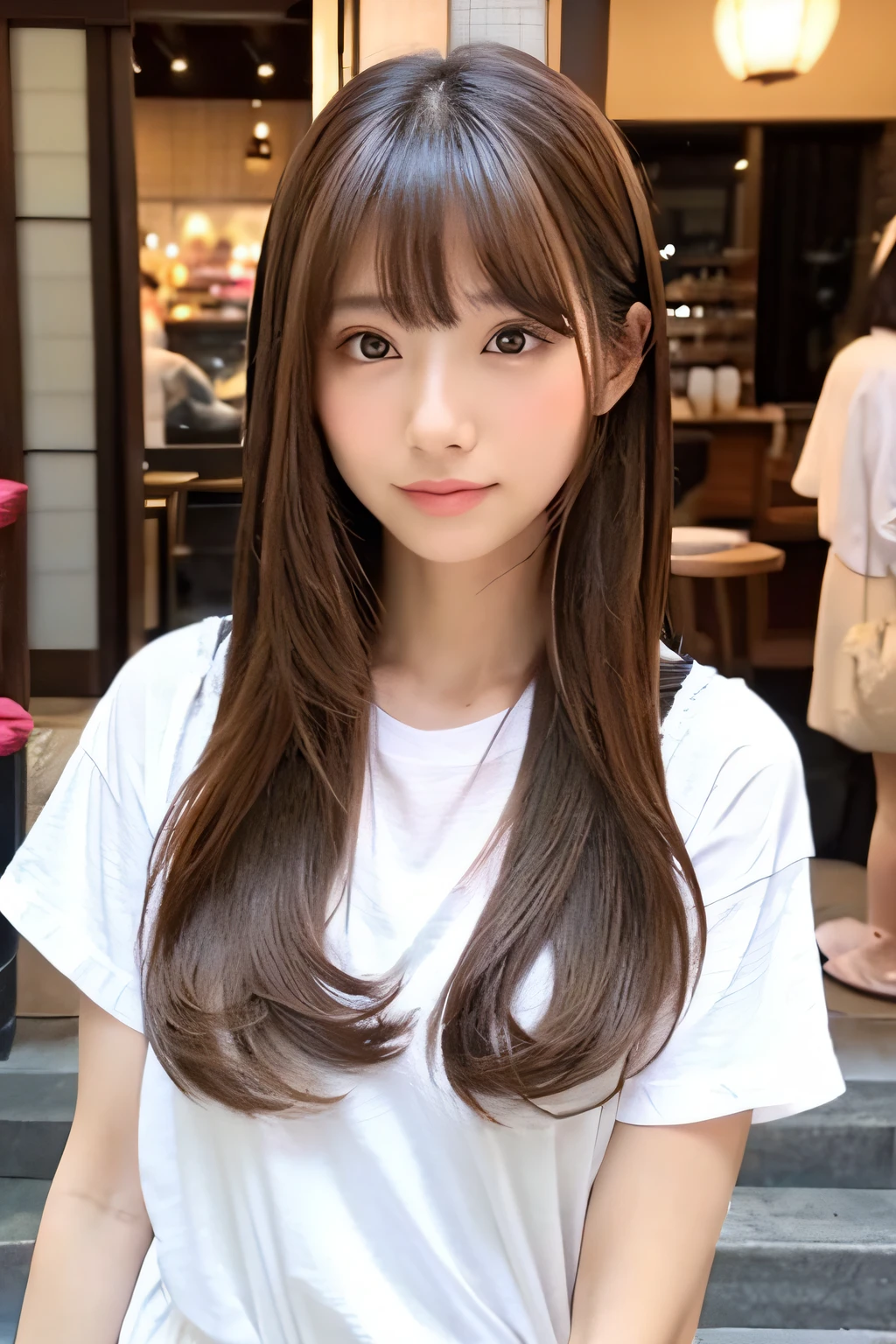 japanes、Cute、Luxury、Wearing a white T-shirt、Long hairstyle、I have bangs、Cafe in the background、Bigger eyes、The face is round