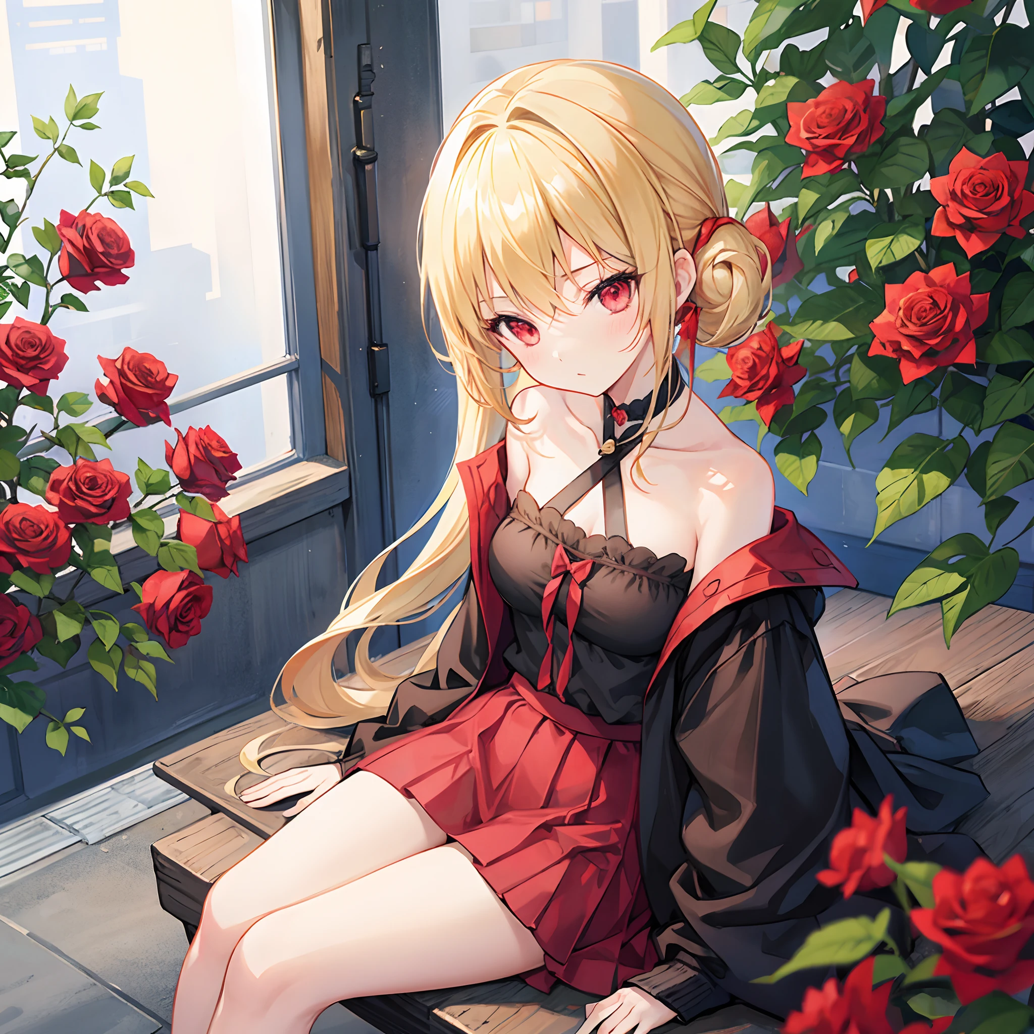 Girl with blonde hair and red eyes、poneyTail、Sitting surrounded by roses、Sexy clothes
