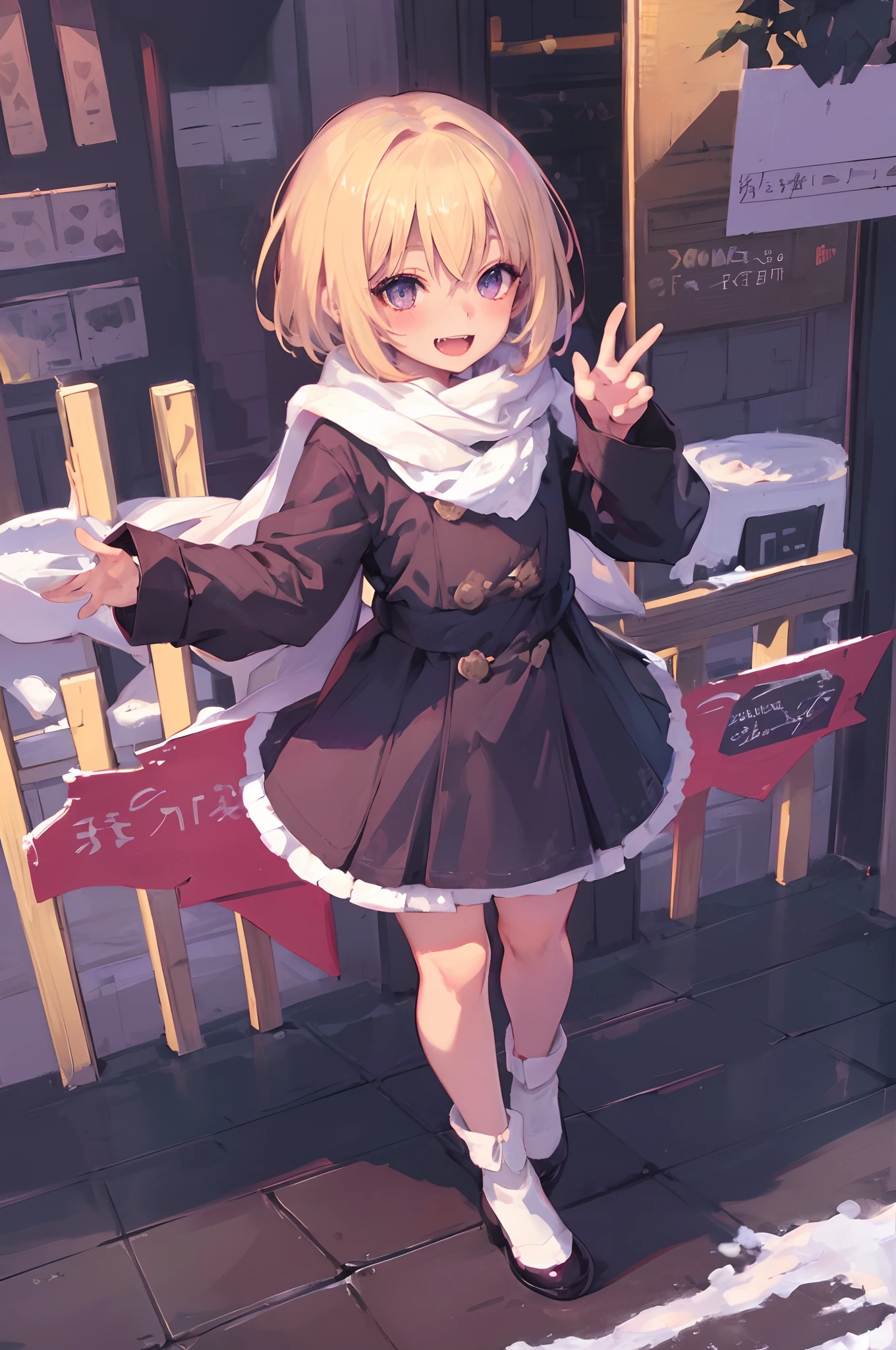 Original Character, Volumetric Lighting, Best Shadows, Shallow Depth of Field, Portrait Of Stunningly Beautiful Girl, Petite, Delicate Beautiful Attractive Face With Alluring purple Eyes, Smiling, Open Mouth, Fangs Out, Blond short bob, Blush Eyeshadow, Thick Eyelashes, (Highest Quality, Amazing Details:1.25), (Solo:1.3), Brilliant Colorful Paintings
