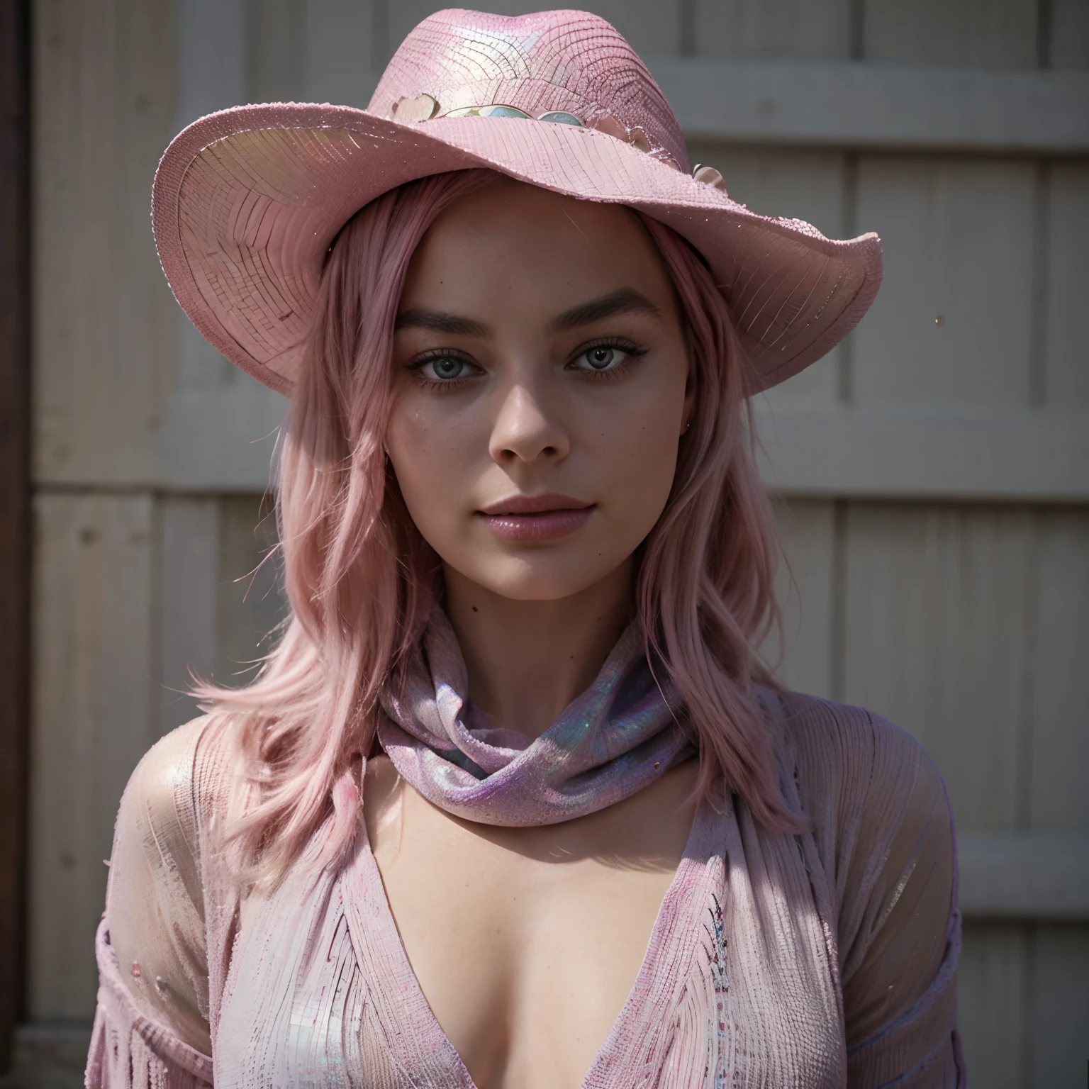 Margot Robbie wears an iridescent pink cowboy hat.  Ses cheveux sont longs et bruns sombres. Elle porte un pull rose. Her lipstick is fuchsia. She has a dark pink scarf around her neck.
