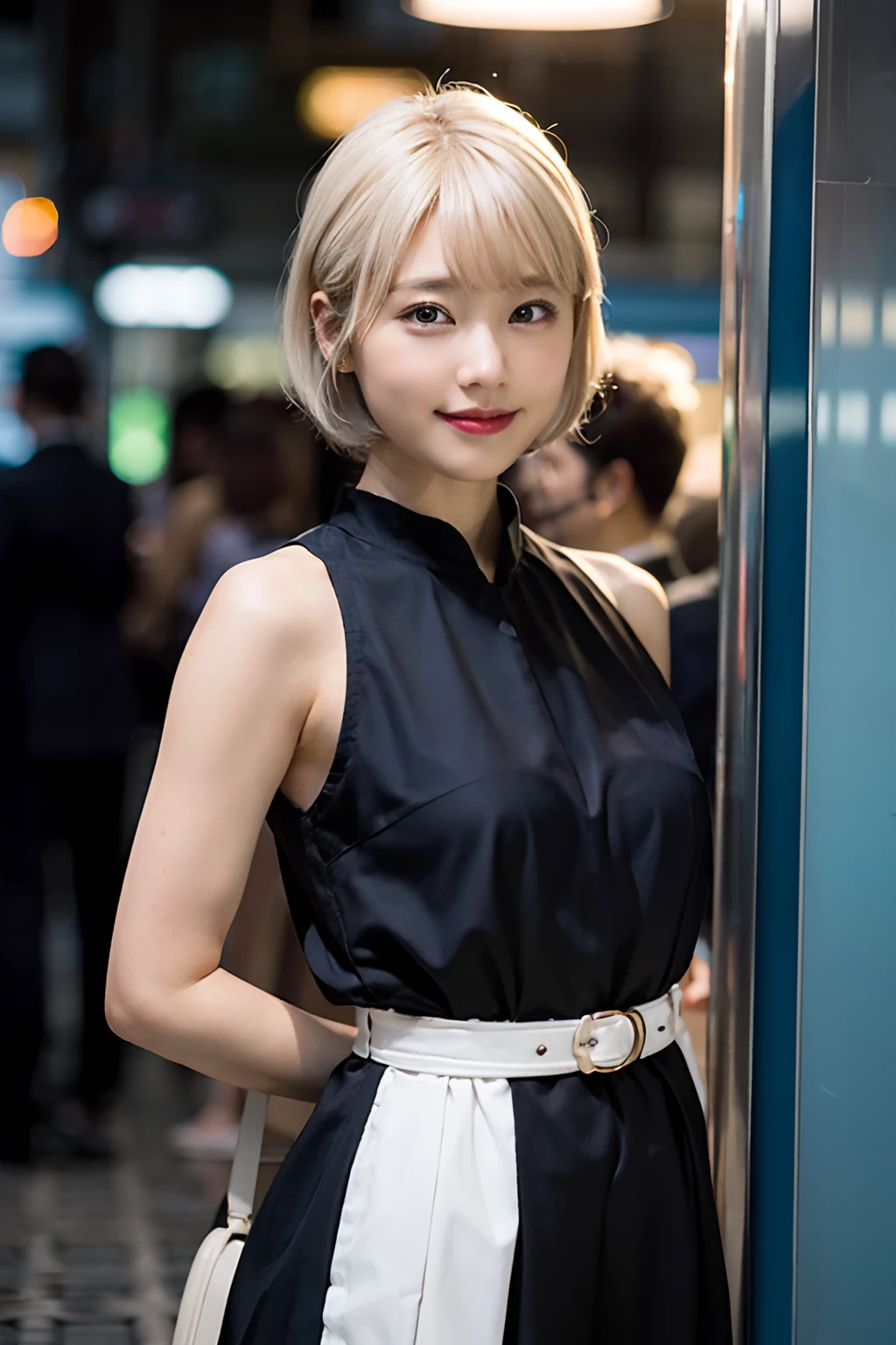 (8K、RAW photography、top-quality、tmasterpiece:1.2)、(hentail realism、Photorealsitic:1.37)、ultra - detailed、超A high resolution、1 rapariga、see the beholder、beautifull detailed face、A smile、shrinks、(Slim waist) :1.3)、short cut、beautiful detailed skin、Skin texture、Floating hair、Professional lighting、Wait for the platform train 、full bodyesbian、white color hair