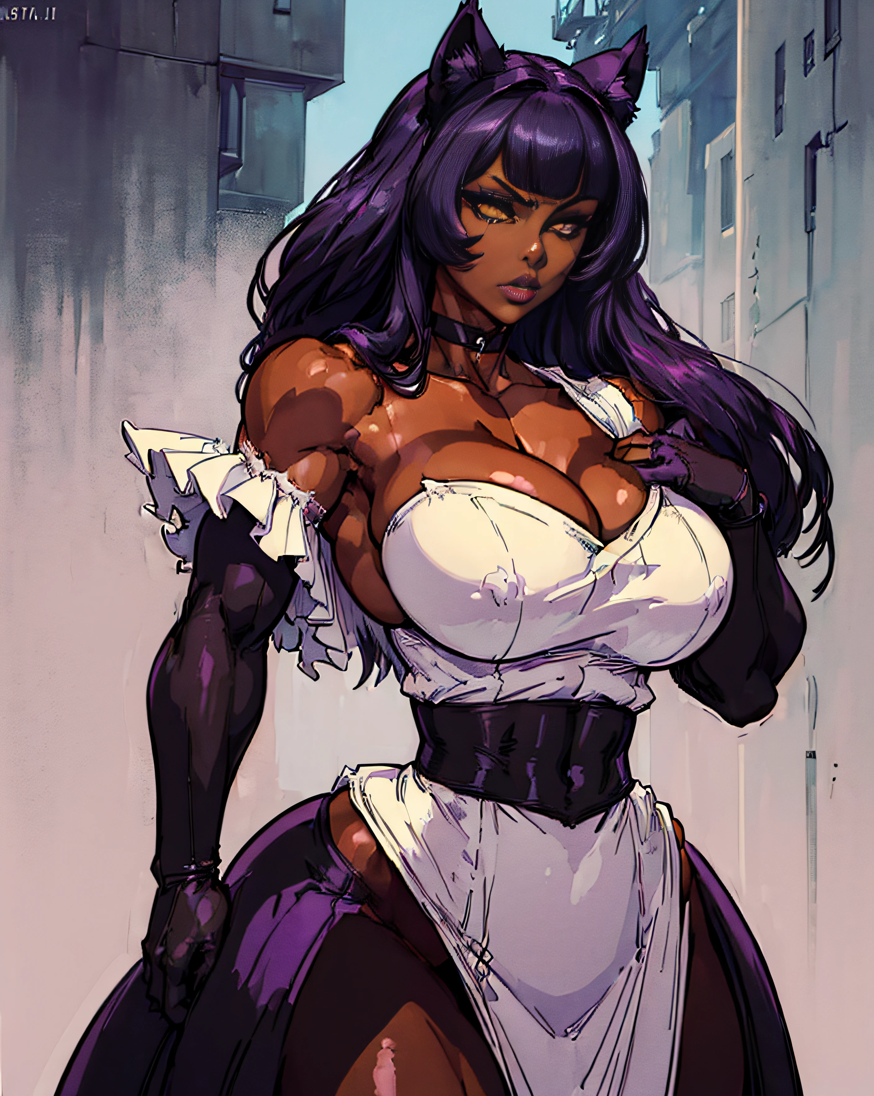 (masterpiece, best quality:1.8), highly detailed, intricate, professional art, digital art, 8K, blake belladonna, (african woman: 2.3), (dark skin: 2.8), (muscular body: 1.9), (simple background, one color, outside night club, full body shot, animal eyes, cat ears, cat eyes, black hair, long hair, blunt bangs, lipstick, (purple makeup:1.1), black eyeshadow, smokey ice, detailed hair, ultra detailed face, yellow eyes, perfect eyes, perfect face, (very dark skin: 1.8), african, (tail:0), (japanese clothes:1.1), detached sleeves, (hip vent:0.9), (bridal gauntlets:1.1), shrug (clothing), black gloves, elbow gloves, (young female, 18 years old:1.1, dark-skinned: 2.4), Huge Breasts, cleavage, white tailcoat, loose clothes. Solo.