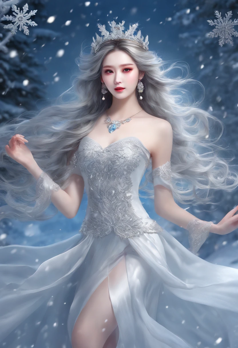 Best Meat, High Quality, ultra hd, 10, full body image, panoramic shot, snow, Snowflake Flying, Dancing in the snow, youthful, Full of Miao silver jewelry, Meow clothes, Silver Phoenix Crown, Watermelon seed topping, Ultra-detailed face, Blue Eyes, Long eyebrows, Fair-skinned, long silver hair, Long flowing hair, Rises with the wind, colorful gift snowflake, Realistic, Very detailed, high-detail, Exceptionally clear,