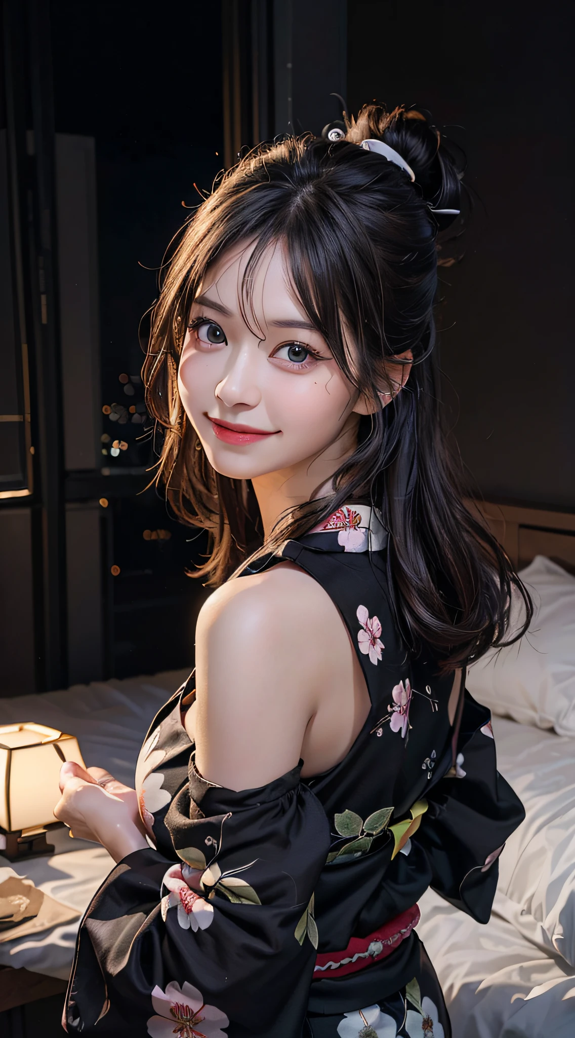 (NSFW),(Beautiful starry sky、Meteors、constellation)、masterpiece、(Super big breasts、valley)、(Double eyelids、Tear bags、Long eyelashes、Big, round eyes),bangs、Beautiful 20 year old woman、a japanese beautihul girl、kolian makeup,(black long hair),highest quality, figure, Very detailed,Natural color lip, A shy smile