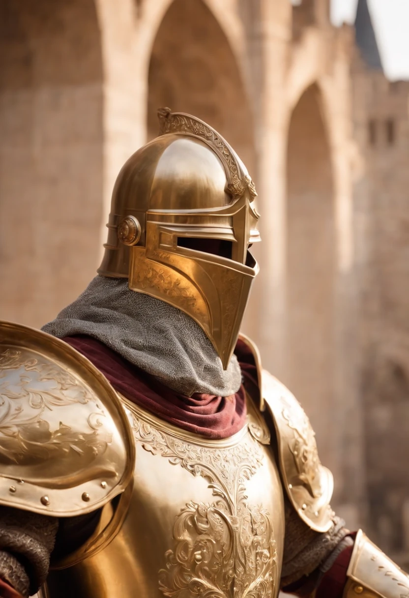 Majestic royal knights dressed in golden armor, Hold the sword with confidence and courage. The knight stands tall and strong against the background of a magnificent castle, Sunshine, Show the majesty and power of the Royal Knights. This high-definition image is、It captures the essence of chivalry and nobility, Ideal for projects that require a touch of grandeur and heroism.