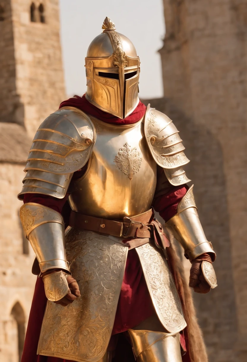 Majestic royal knights dressed in golden armor, Hold the sword with confidence and courage. The knight stands tall and strong against the background of a magnificent castle, Sunshine, Show the majesty and power of the Royal Knights. This high-definition image is、It captures the essence of chivalry and nobility, Ideal for projects that require a touch of grandeur and heroism.
