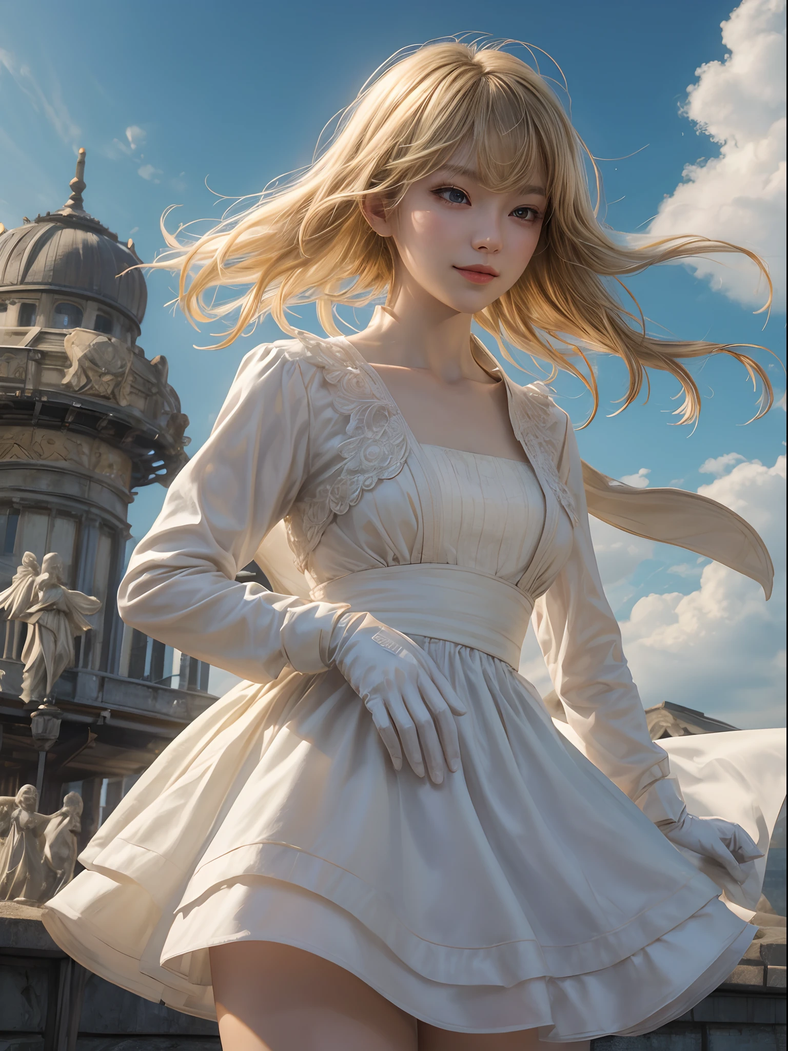 ((masterpiece,best quality)),1girl,solo, (((Chisato Nishikigi))), short hair, light yellow hair, solo, dress, detail eyes, looking at viewer, long sleeves, standing, white dress, gloves,hair ornament, black jacket, smile, floating hair, dutch angle, closed mouth, looking away, (center park),cloudy sky, blue sky, warm color,