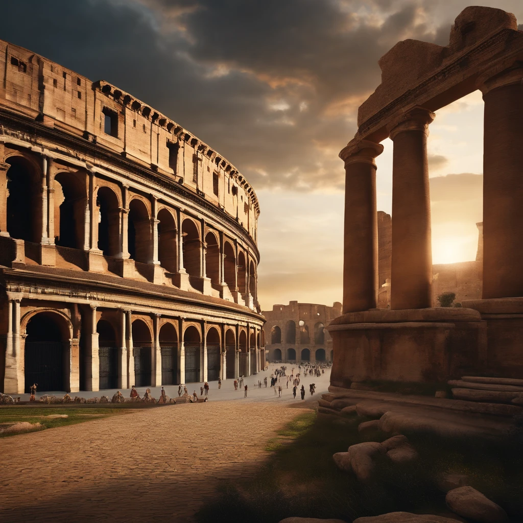 Rome historique. 1st century. Praetorians at a distance. Stoics, (((Colosseum)), Donnez-lui un ton sombre, 8k hyper realistic