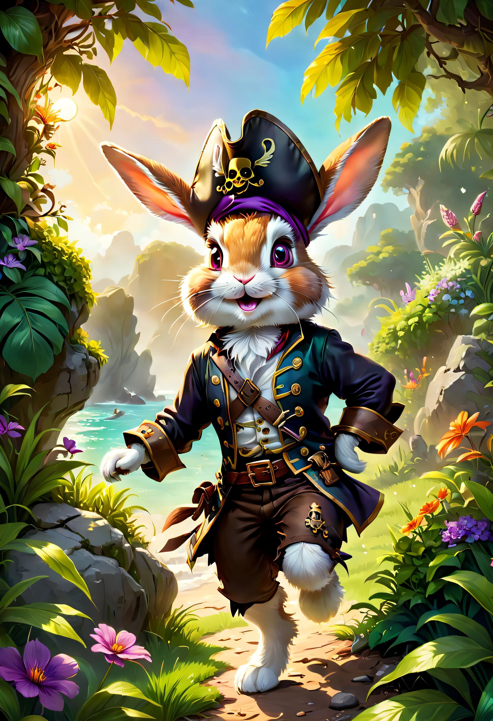 (best quality,4k,8k,highres,masterpiece:1.2),ultra-detailed,realistic:1.37,HD,UHD,extremely detailed eyes and face,longeyelashes,portraits,colored,sharp focus,professional,studio lighting,pirate treasure hunt,garden themed background,adventurous rabbit character,dressed in pirate attire with a pirate hat and an eyepatch,holding a treasure map with intricate details,searching for a hidden chest,jumping over rocks and plants in a lively manner,breathtaking sunset lighting,emerald green grass and vibrant flowers,lush trees and bushes,capturing the excitement and joy of discovering the treasure,expressing a mischievous smile,paying attention to every small treasure detail,glowing golden sunlight filtering through the leaves,creating a sense of mystery and anticipation,an atmosphere of a magical garden,with shades of oranges and purples,mesmerizing colors and contrast between light and shadow,ensuring the rabbit has expressive and captivating eyes and lips,achieving a painterly feel with subtle brushstrokes and depth,transforming the scene into an enchanting work of art,exuding a sense of wanderlust and curiosity in the rabbit's gaze,preserving a nostalgic and adventurous ambiance,combining elements of fantasy and reality,creating a memorable and breathtaking visual experience
