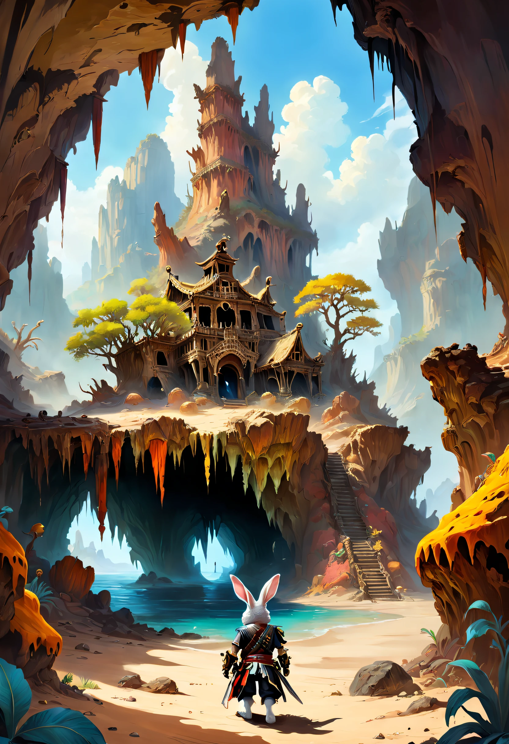 《S.H.I.E.L.D》in search of treasure in the pirate rabbit,illustration,Oil painting,Vivid colors,professional,A high resolution,Ultra-detailed,Realistic,Horror,Adventurous,Desert landscape,crumbling ruins,Stalactites and stalagmites,Ominous Shadows,ancient artifacts,torchan,Asahi Nikko,Ethereal atmosphere,Suspenseful atmosphere.