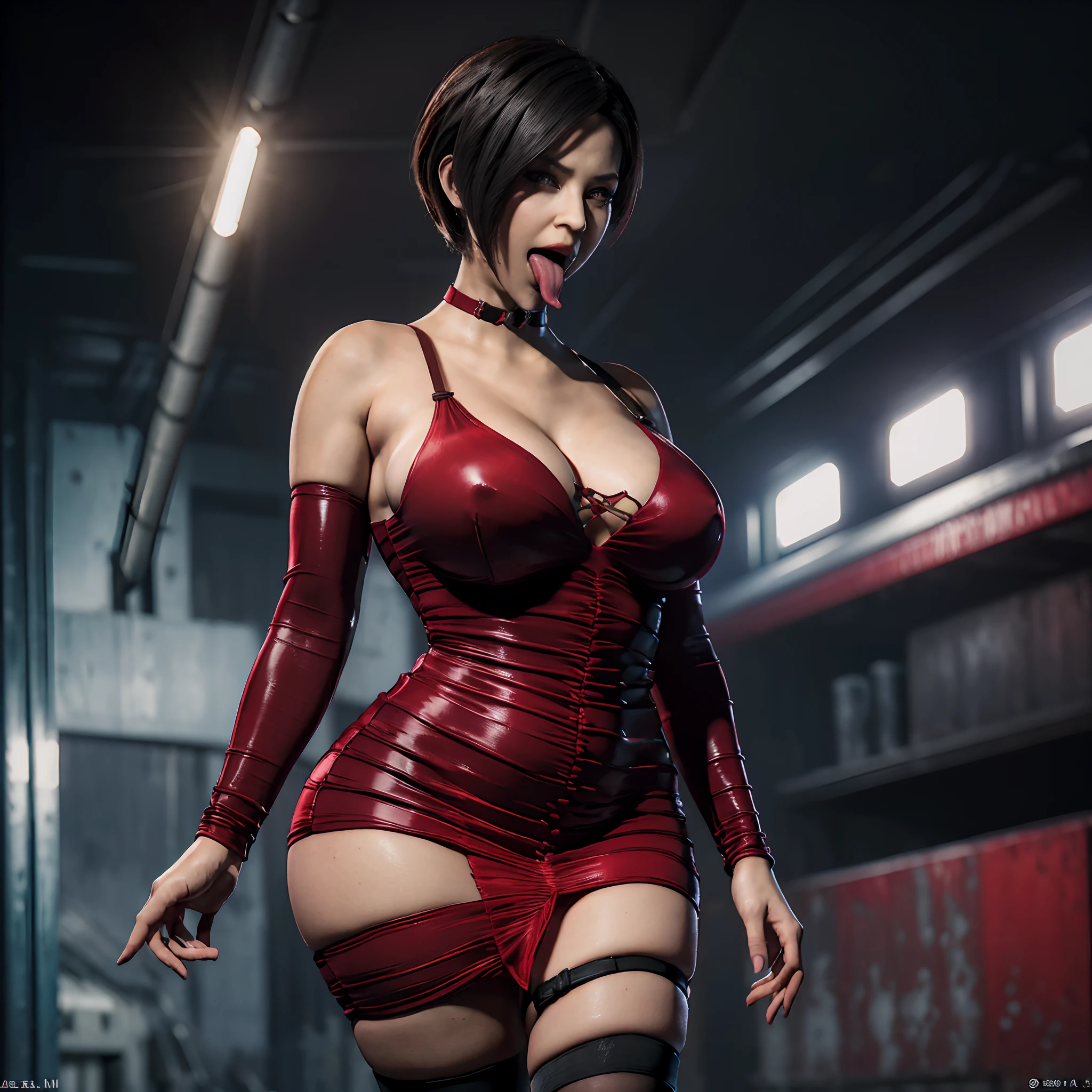 (masutepiece:1.2, Best Quality:1.2), ((Ada Wong, super beautiful woman)), Resident evil, (Red dress, latex dress, Erotic pantyhose, Gun belt), (Colossal tits:1.5, Huge boobs:1.5, Huge breasts:1.5, gigantic cleavage breasts:1.5), (Detailed face, Detailed skin texture, Perfect slim body, Tongue out:1.4, long tongue:1.4), car park, In an abandoned building, underground,