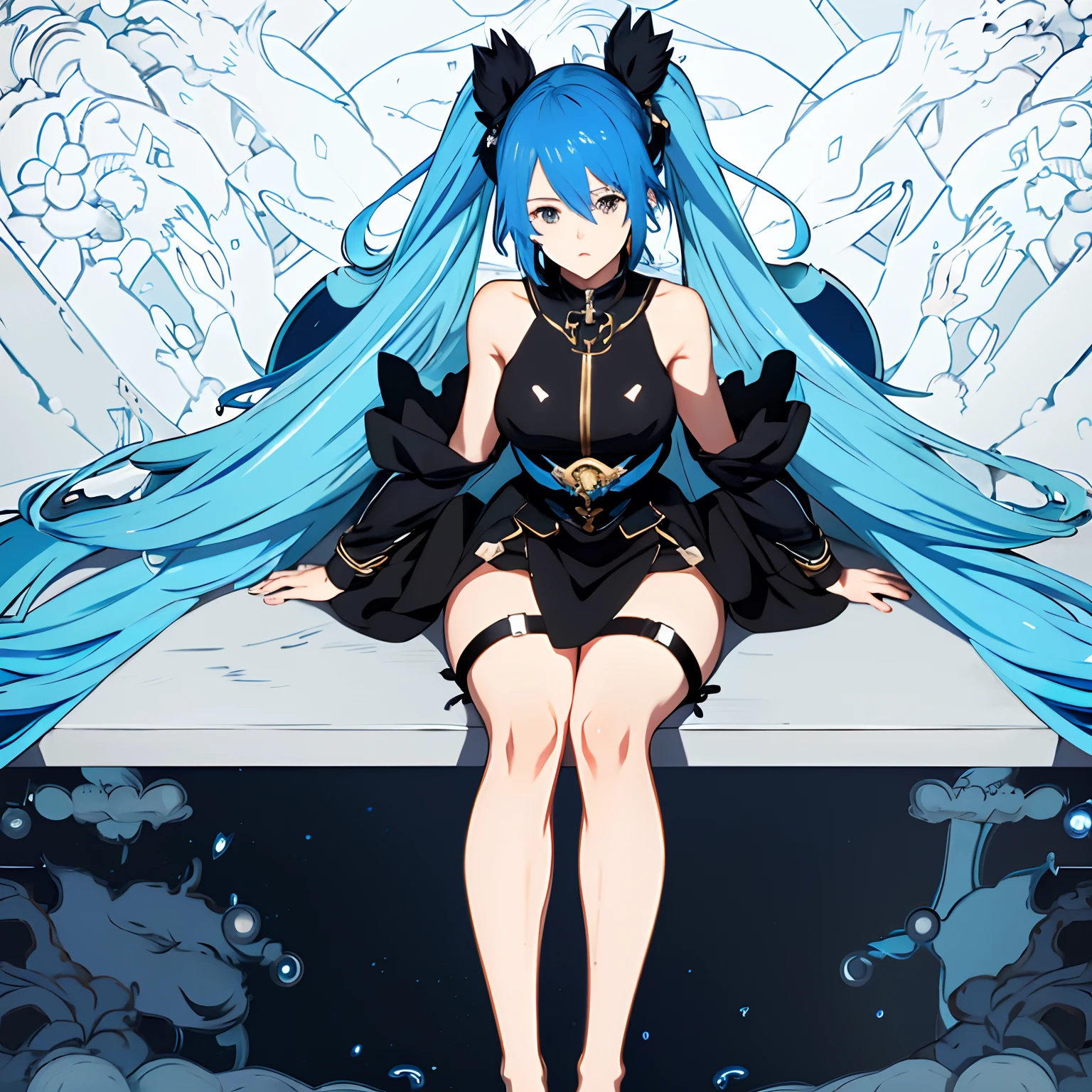 anime girl with blue hair and black top sitting on a blue surface, [ 4 k digital art ]!!, seductive anime girl, anime style. 8k, anime moe artstyle, 2 d anime style, anime style 4 k, anime girl, beautiful anime girl squatting, (anime girl), anime styled 3d, the anime girl is crouching