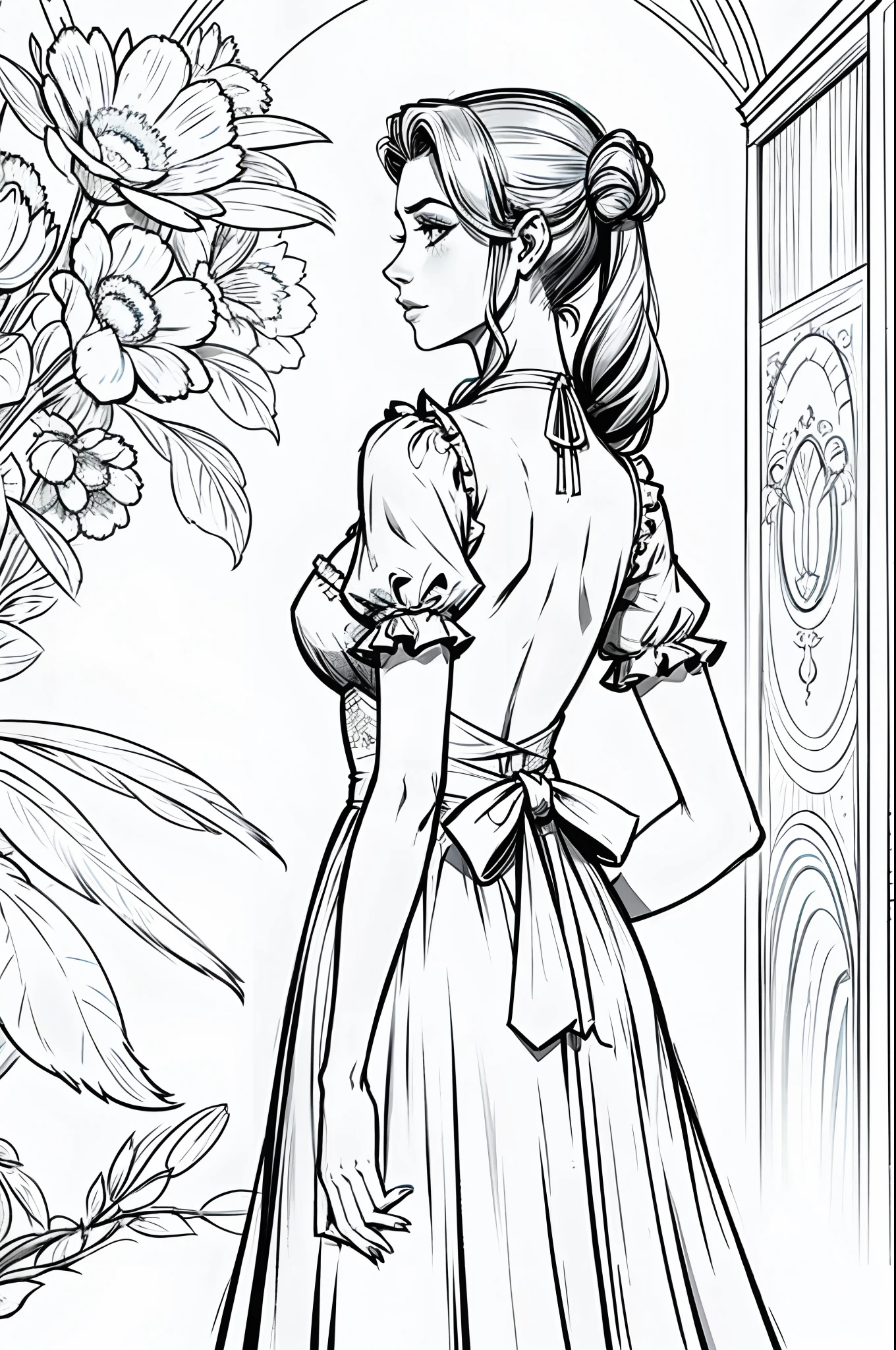 Sketch of a dress of a woman from the back , line art digital