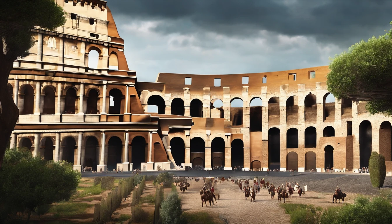 Rome historique. 1st century. Praetorians at a distance. Stoics, (((Colosseum)), Donnez-lui un ton sombre, 8k hyper realistic