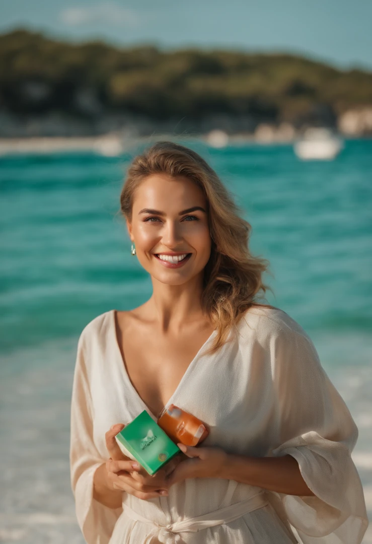 On a beautiful beach with white, fine sand and emerald-green waters, you can find a 30-year-old Russian woman, smiling brightly. She is holding a medication package with a radiant smile on her face, with two boats in the background.