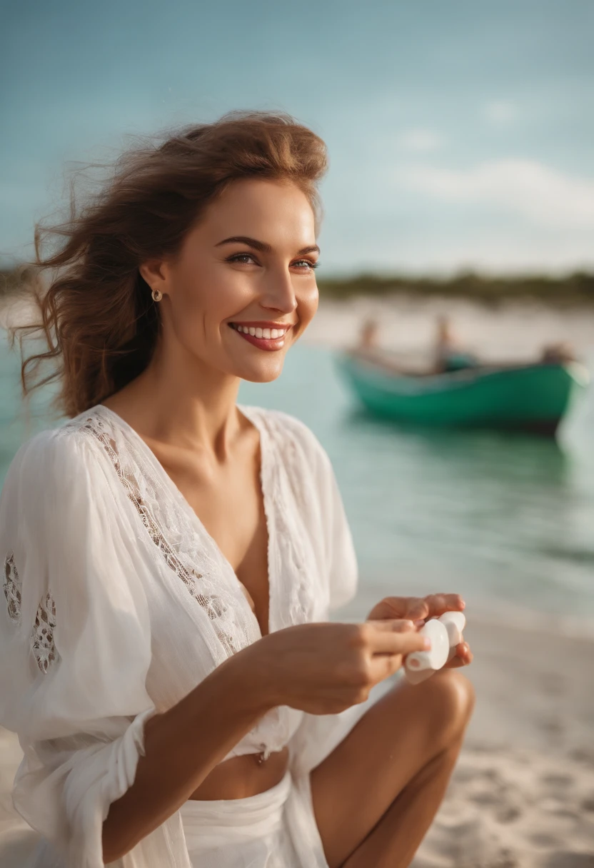 On a beautiful beach with white, fine sand and emerald-green waters, you can find a 30-year-old Russian woman, smiling brightly. She is holding a medication package with a radiant smile on her face, with two boats in the background.