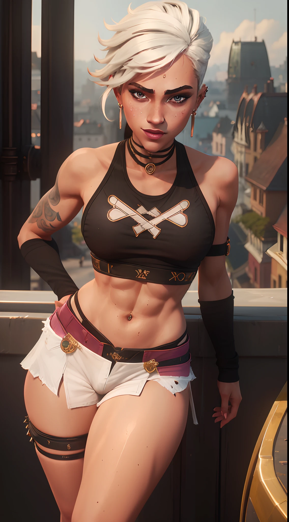 (butt), (sexy girl), masterpiece:1.5, best quality, full body, 1girl, bangs, blush, breasts, collarbones, ear piercings, eyebrows visible through hair, (gradient white hair), jewelry, looking at the viewer, piercings, (half-naked), (red underwear), short string tank top, (panties), bright eyes, ring, (solo), illustration, fashionable, woman, posing, detailed background, sexy expression, attention-grabbing scene, focus, dynamic pose, thick thighs, abs, sweaty abs, sexy thighs, thin waist, sexy grin, sexy glare, cinematic lighting, city scape, city background, outside, outdoors, rooftop:1.5, backshots:1.7, back camera,