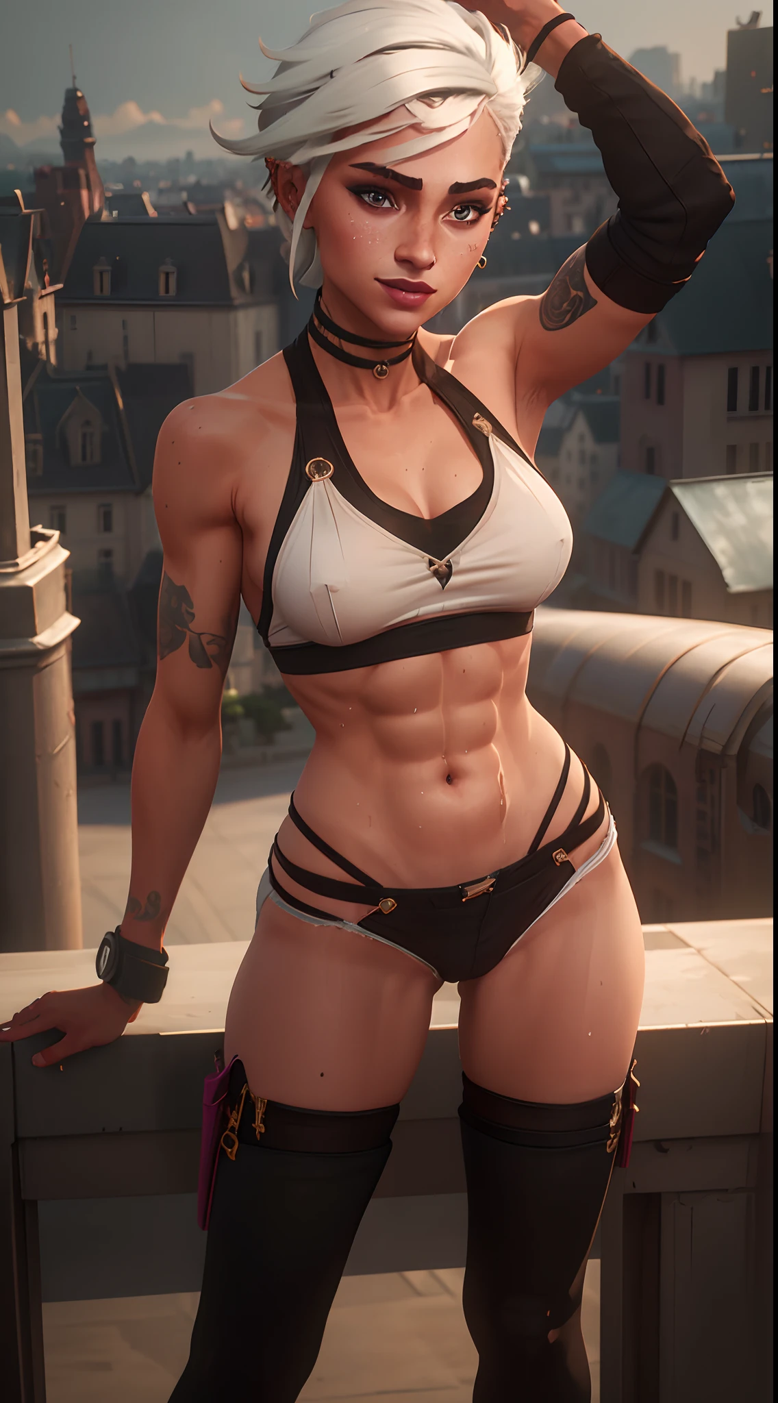 (butt), (sexy girl), masterpiece:1.5, best quality, full body, 1girl, bangs, blush, breasts, collarbones, ear piercings, eyebrows visible through hair, (gradient white hair), jewelry, looking at the viewer, piercings, (half-naked), (red underwear), short string tank top, (panties), bright eyes, ring, (solo), illustration, fashionable, woman, posing, detailed background, sexy expression, attention-grabbing scene, focus, dynamic pose, thick thighs, abs, sweaty abs, sexy thighs, thin waist, sexy grin, sexy glare, cinematic lighting, city scape, city background, outside, outdoors, rooftop:1.5, backshots:1.7, back camera,