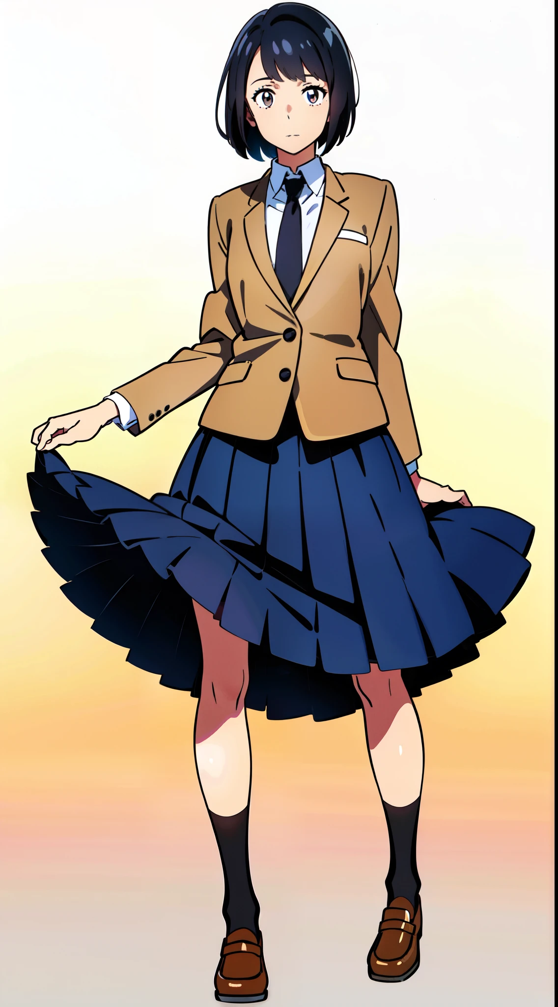(white background:1.0), (best quality:1.0), (masterpiece:1.0), (full body:1.0), (solo:1.0), (1 cute girl:1.0), (long skirt:1.0), (dark blue skirt:1.0), (pleated skirt:1.0), (school uniform beige blazer:1.0), (dark blue necktie:1.0), (black socks:1.0), (loafers:1.0), (tall:1.0), (slender:1.0), (small breasts:1.0), (detailed beautiful eyes:1.0), (detailed beautiful face:1.0), (glowing black eyes:1.0), (short hair:1.0), (strait hair:1.0), (black hair:1.0)