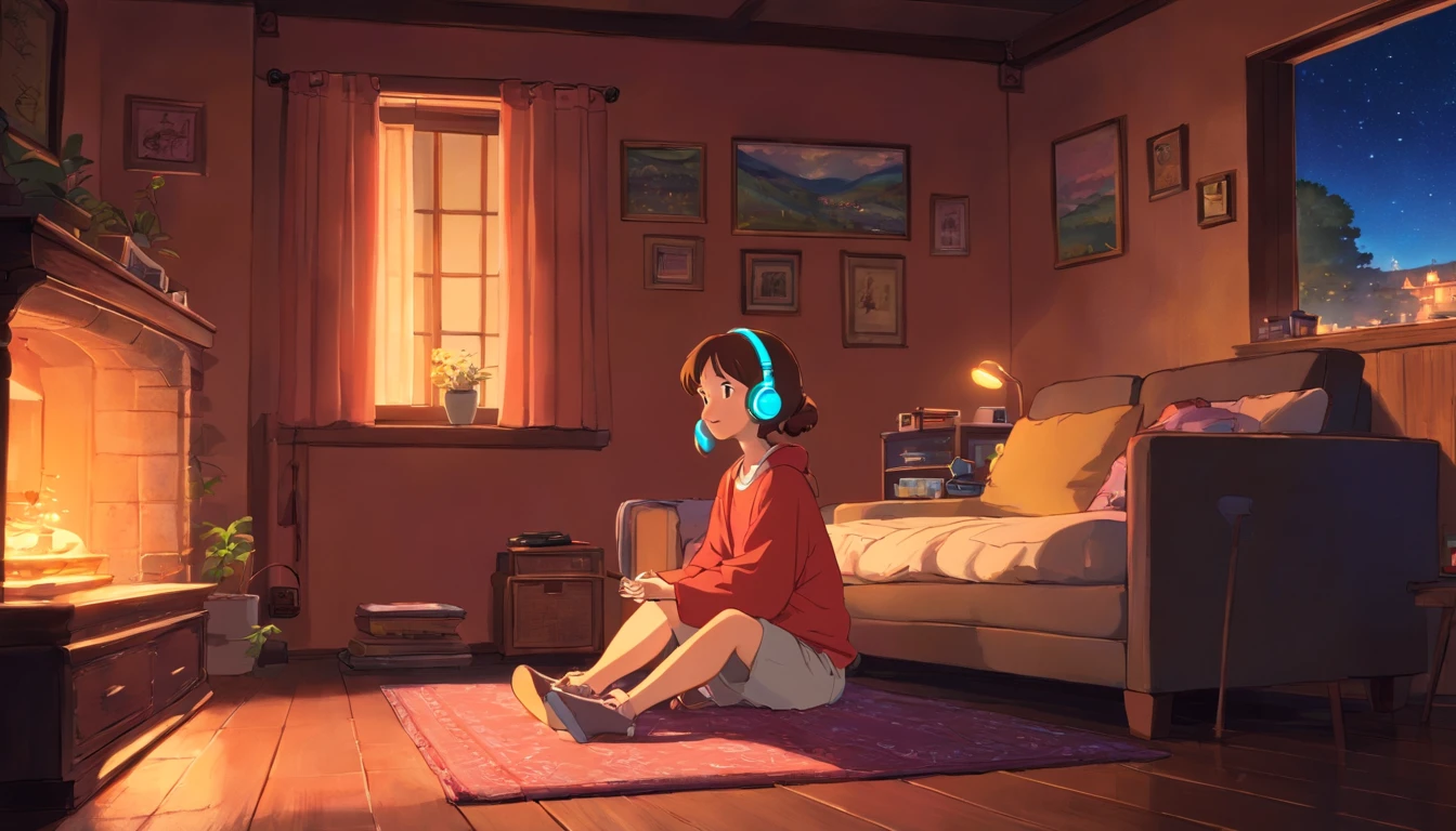 imagem perfeita, 8k, Girl listening to music in a cozy room at night, Usando fones de ouvido, Anime estilo 2D, Lo-fi, disco Rigido, Ambiente escuro, Cuddled with her boyfriend,