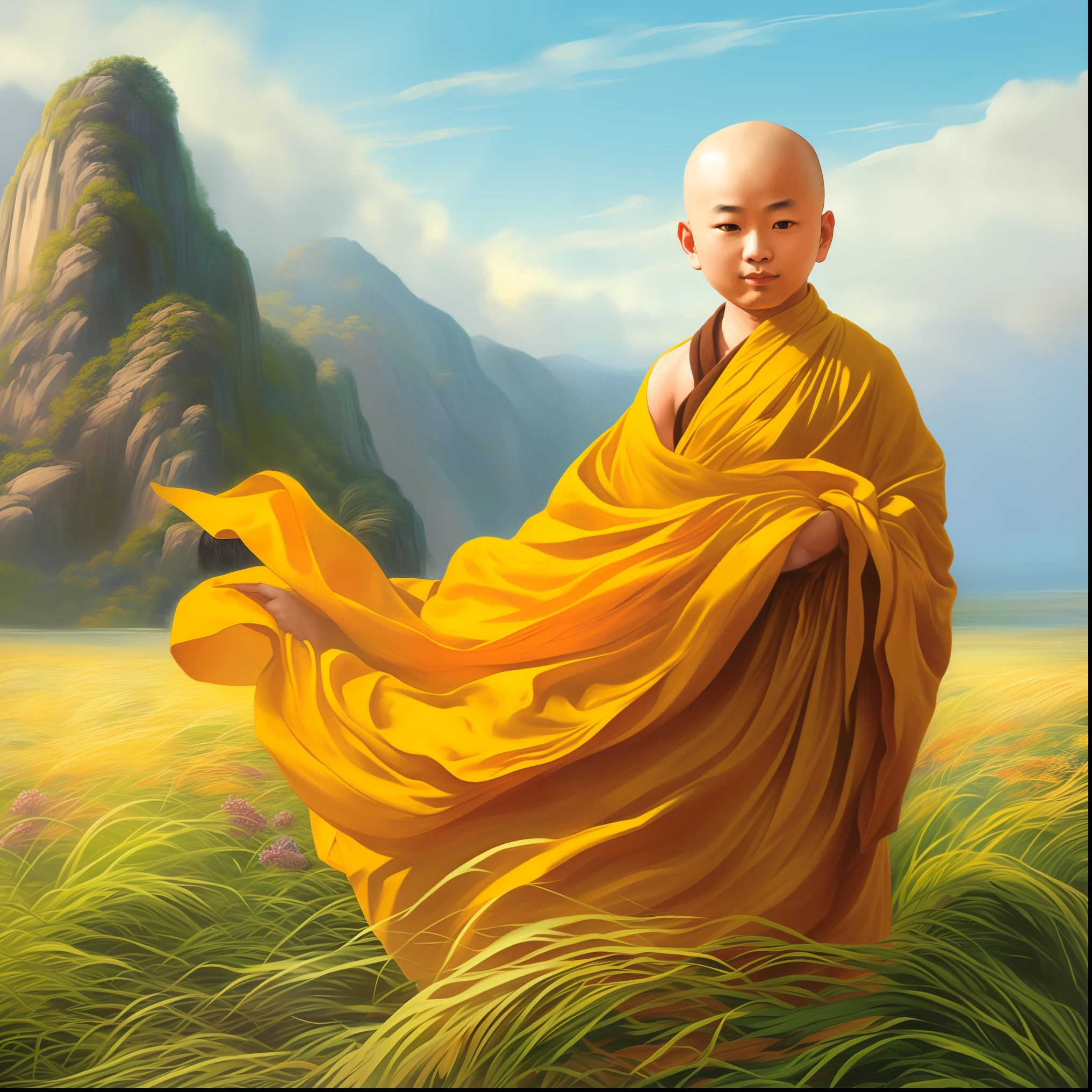 painting of a monk standing on a mountain with a yellow robe, buddhist monk, monk meditate, monk, 2 1 st century monk, buddhism, portrait of monk, concept art of a monk, buddhist, on path to enlightenment, monk clothes, do hoang tuong artwork, the buddha, buddhist monk meditating, fisting monk, ancient japanese monk, by Ma Quan