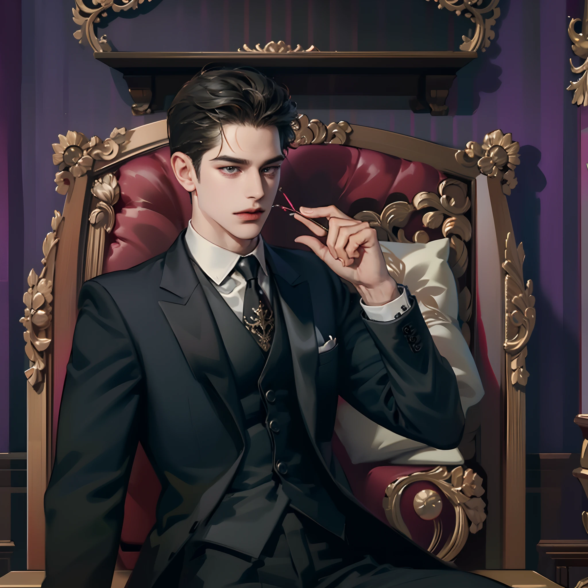 (Photorealistic:1.4), (best quality, masterpiece:1.2), details, (handsome:1.1) man, (black suits), (tie), (expensive watch), (gelled hair), (spectacles), (veined hands), office, CEO, (wine), (luxurious), (modern), (spacious) room Explanation: - (best quality, masterpiece:1.2): This tag indicates that the generated image should be of the highest quality, like a masterpiece. Increasing the strength to 1.2 emphasizes the importance of this tag. - (details): This tag emphasizes the need for attention to detail in the image. - (handsome:1.1): The image should depict a man who is attractive. Strengthening this tag to 1.1 emphasizes the importance of depicting a handsome man. - (black suits), (tie), (expensive watch): These tags describe the man's attire, consisting of a black suit, a tie, and an expensive watch. - (gelled hair): This tag indicates that the man should have his hair styled with gel. - (spectacles): The man should be wearing spectacles. - (veined hands): This tag highlights the importance of depicting detailed veins on the man's hands. - office, CEO: The scene should be set in an office, and the man should be portrayed as the CEO. - (wine): The man can be seen holding a glass of wine, indicating a luxurious setting. - (luxurious): This tag emphasizes the need to depict a luxurious atmosphere. - (modern): The room should have a modern design. - (spacious) room: The room should be spacious. fancy office chair