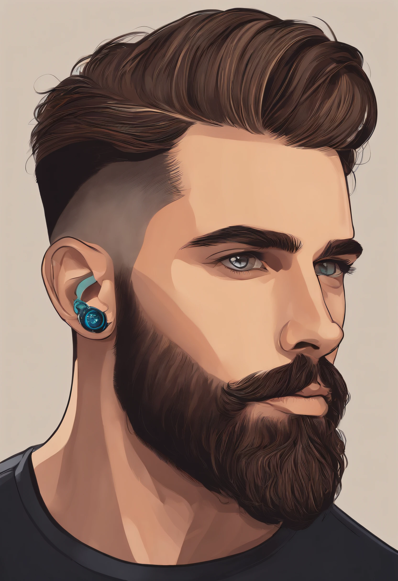 (melhor qualidade,Altas),Retrato de um pai de cabelos grisalhos com uma barba grisalha, retrato de perfil lateral, usando Airdots, fones de ouvido sem fio